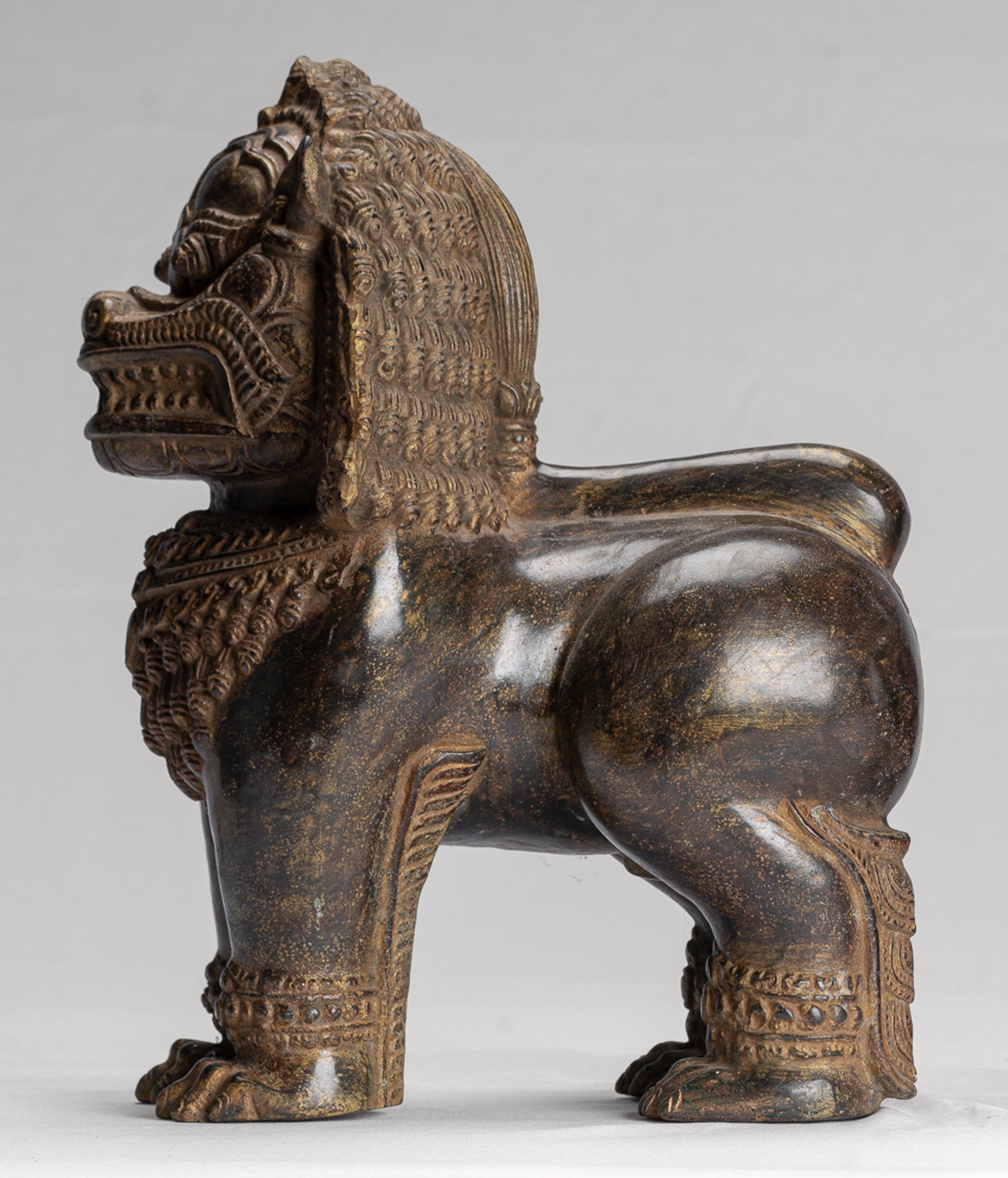 Temple Lion - Antique Khmer Style Bronze Standing Temple Guardian or Lion - 31cm/12" (Pair)