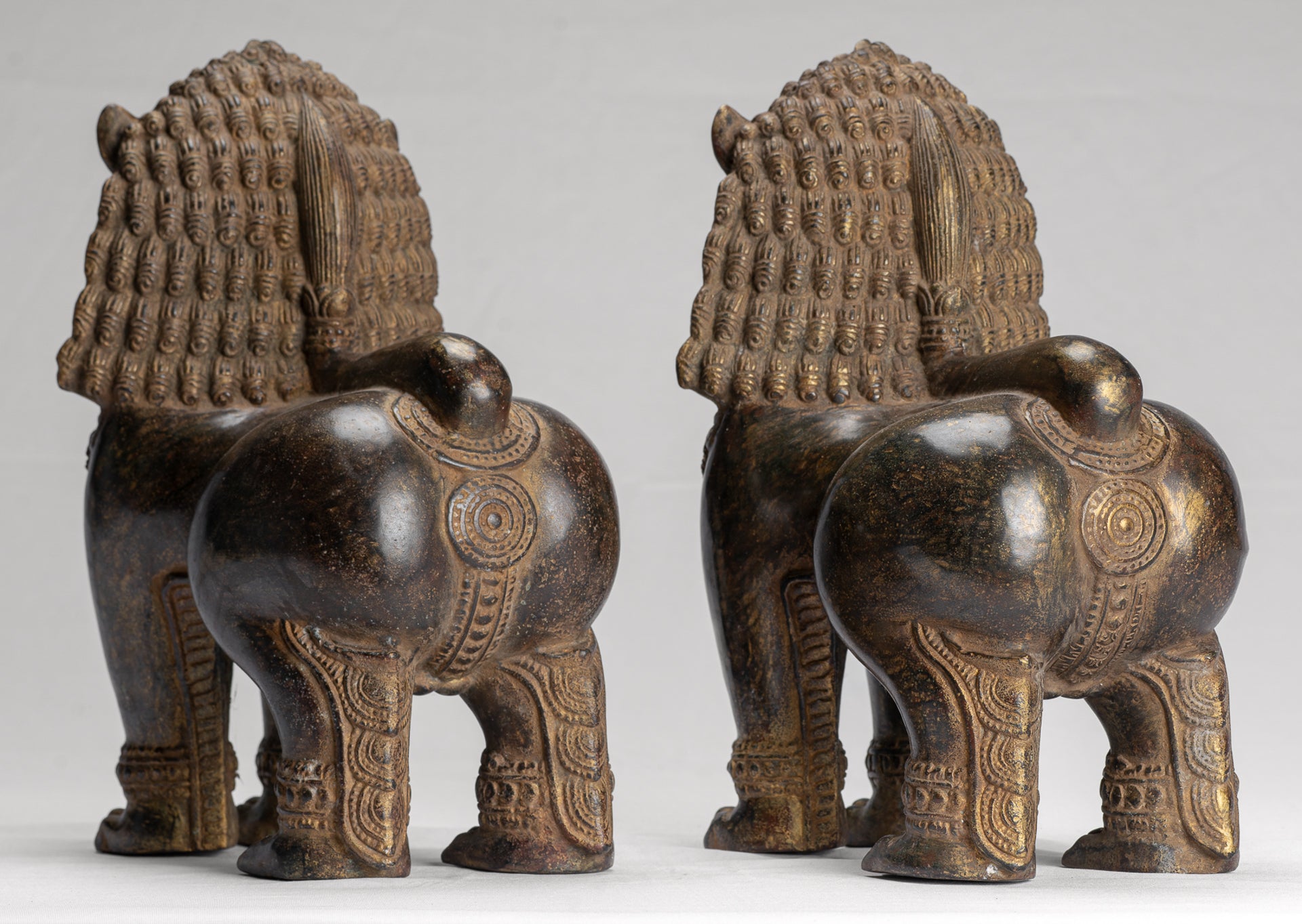 Temple Lion - Antique Khmer Style Bronze Standing Temple Guardian or Lion - 31cm/12" (Pair)