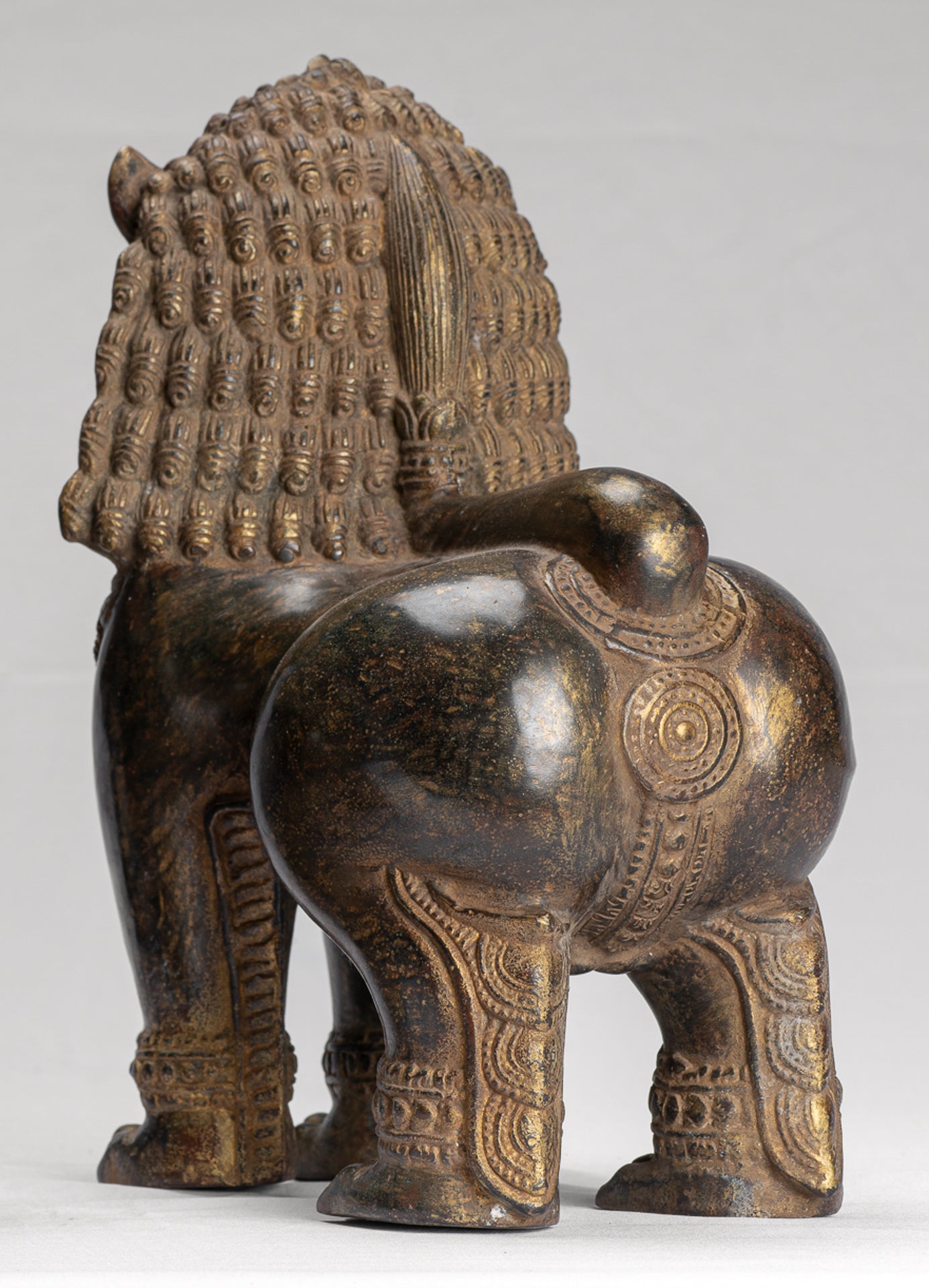 Temple Lion - Antique Khmer Style Bronze Standing Temple Guardian or Lion - 31cm/12" (Pair)