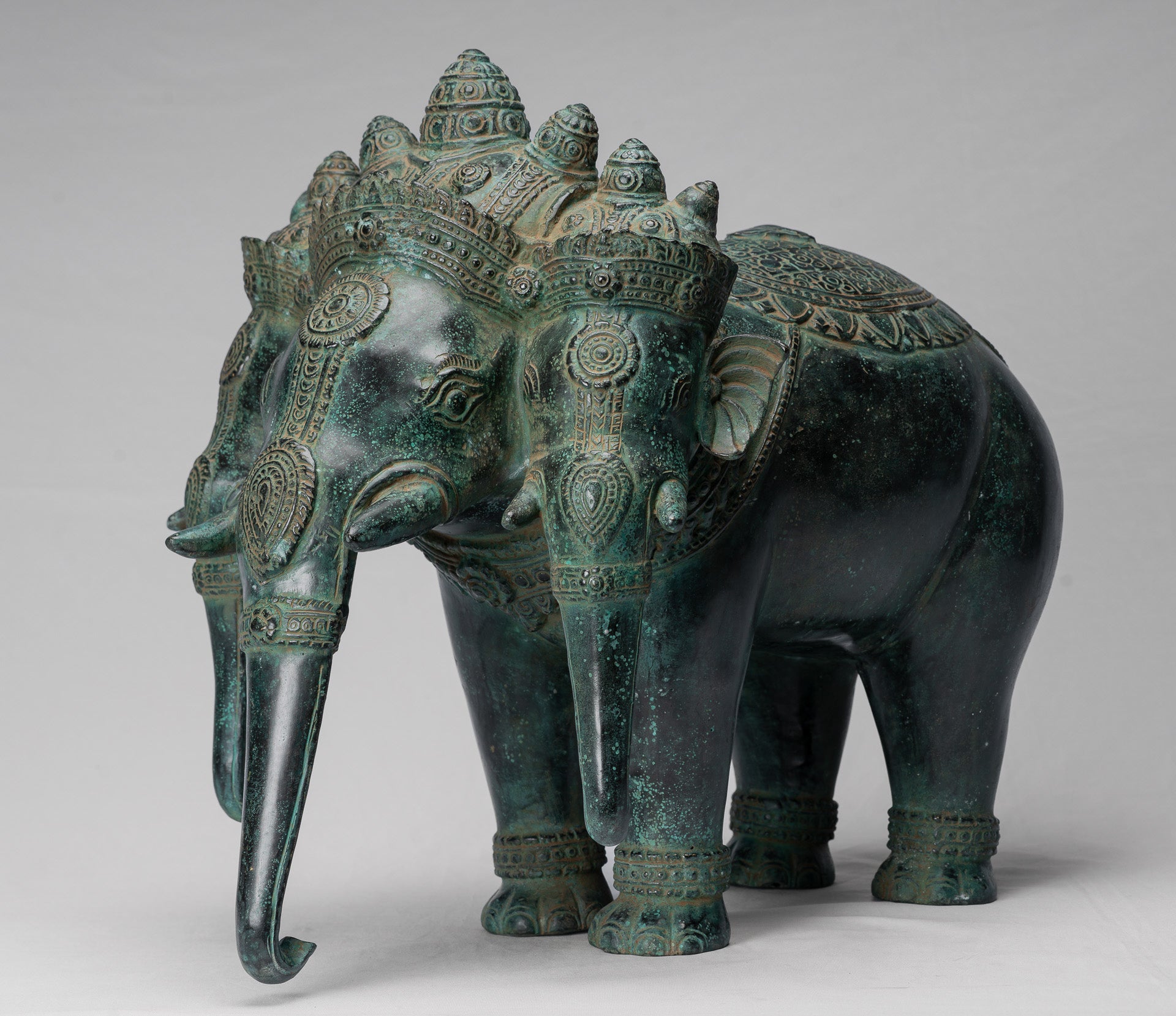 Antique Khmer Style Bronze Erawan Airavata or Elephant Statue - 44cm/18" Tall