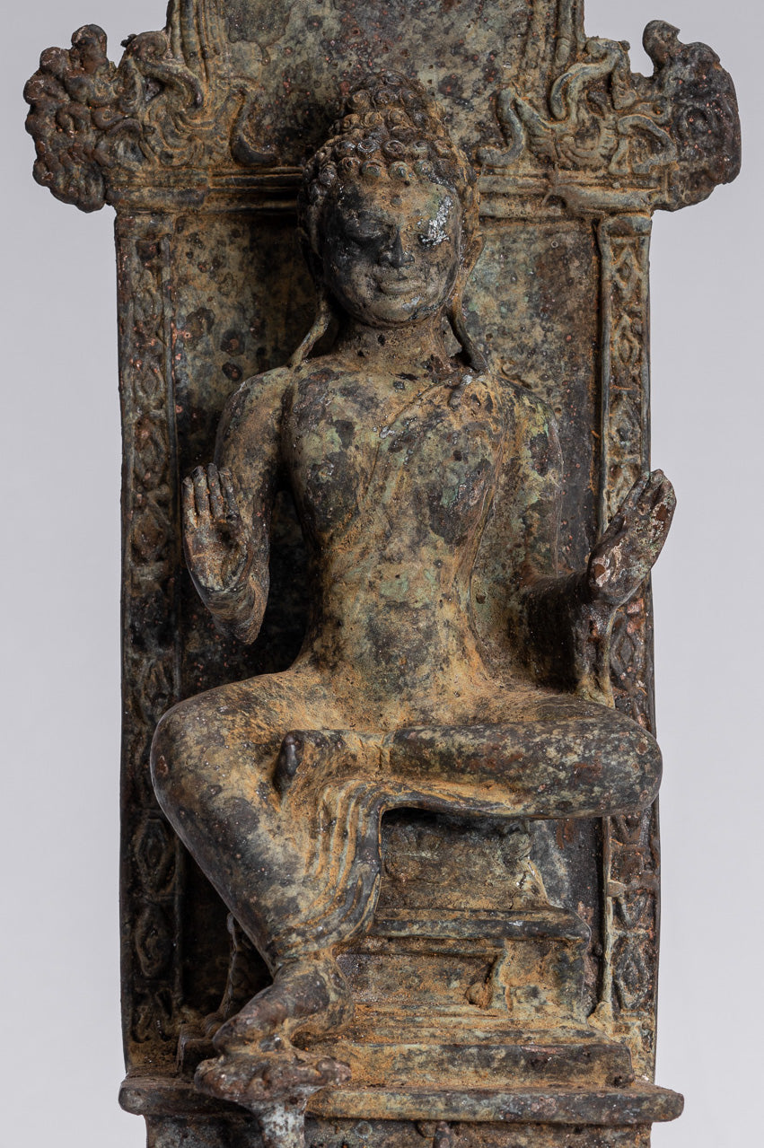 Statue de Bouddha – Statue de Bouddha de protection javanaise en bronze de style indonésien antique – 28 cm/11"