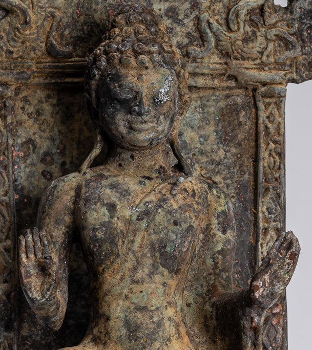 Statue de Bouddha – Statue de Bouddha de protection javanaise en bronze de style indonésien antique – 28 cm/11"