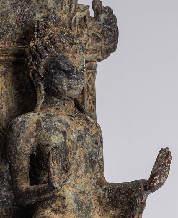 Statue de Bouddha – Statue de Bouddha de protection javanaise en bronze de style indonésien antique – 28 cm/11"
