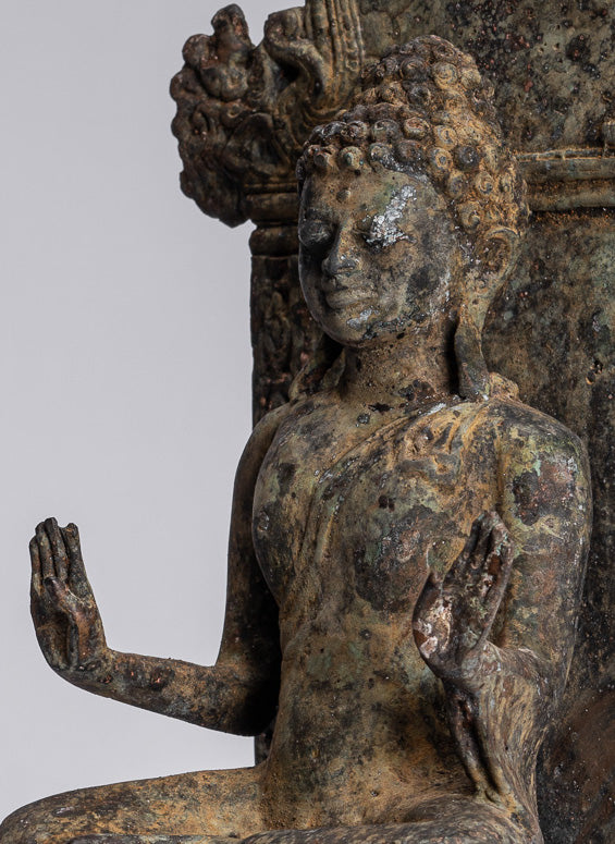 Statue de Bouddha – Statue de Bouddha de protection javanaise en bronze de style indonésien antique – 28 cm/11"