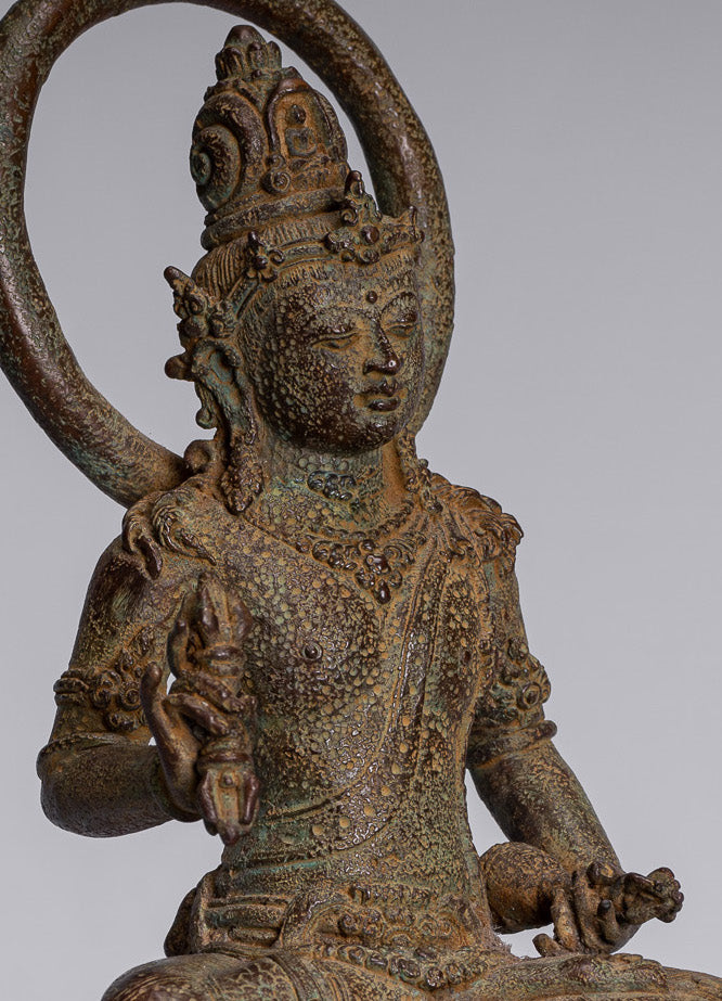 Tara Statue - Antique Java Style Majapahit Seated Bronze Devi Vajra Tara Statue - 25cm/10"
