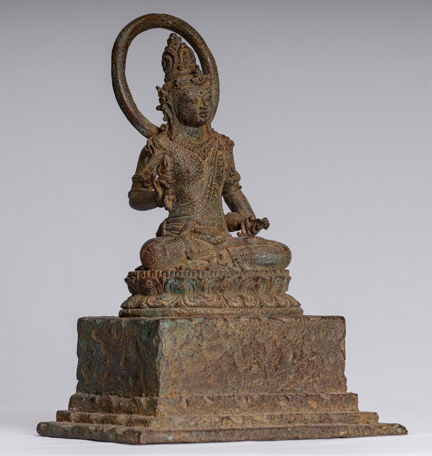 Tara Statue - Antique Java Style Majapahit Seated Bronze Devi Vajra Tara Statue - 25cm/10"
