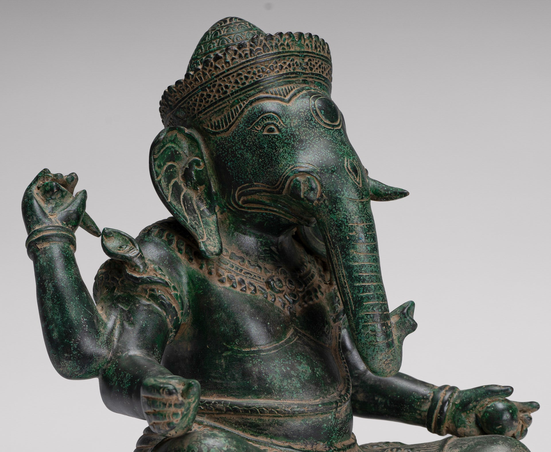 Ganesh Statue - Antique Khmer Style Seated Bronze Ganesha Statue - 29cm/12"