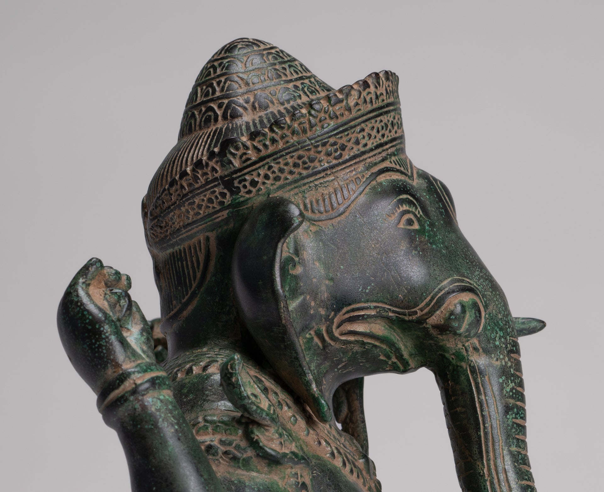 Ganesh Statue - Antique Khmer Style Seated Bronze Ganesha Statue - 29cm/12"