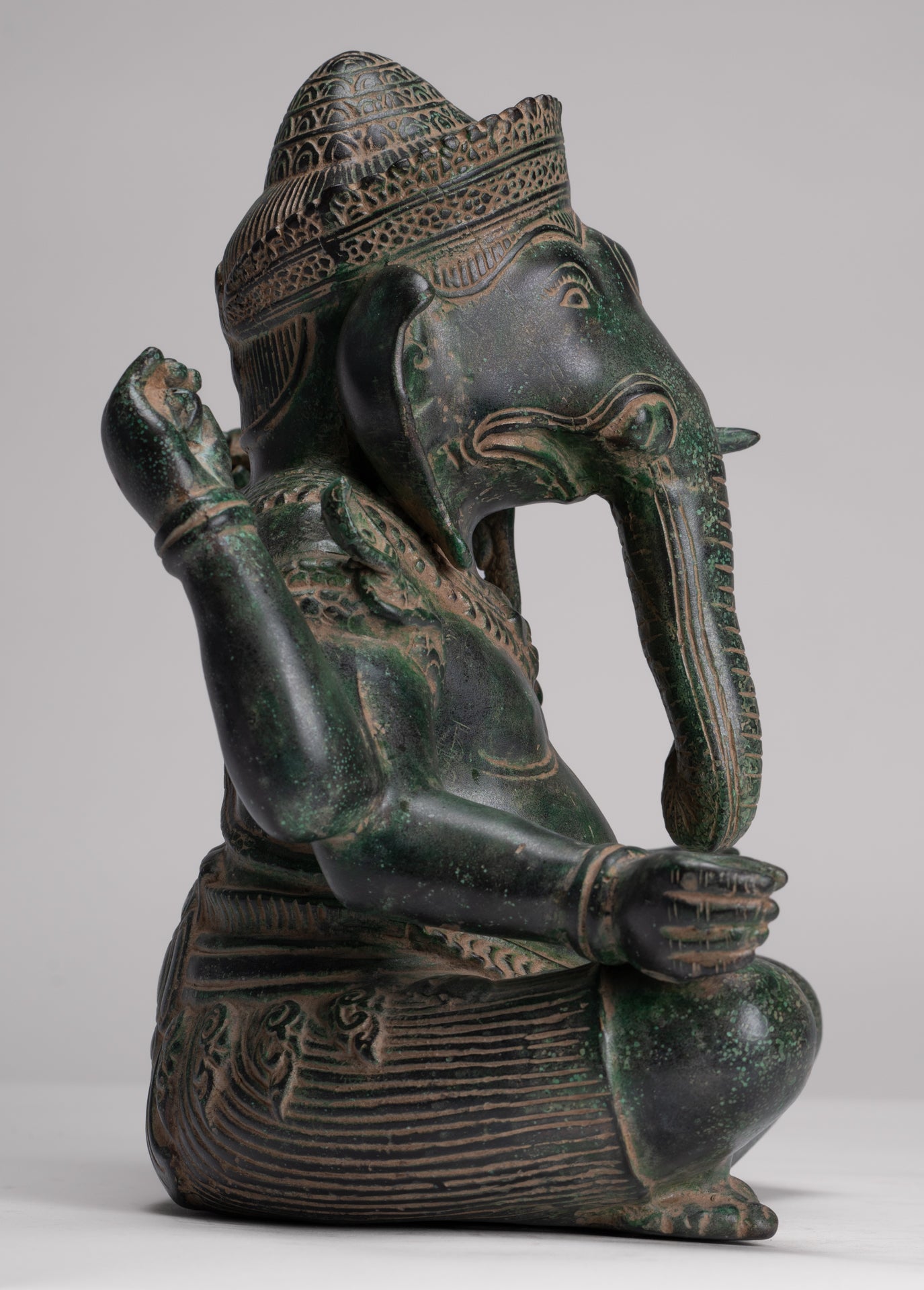 Ganesh Statue - Antique Khmer Style Seated Bronze Ganesha Statue - 29cm/12"
