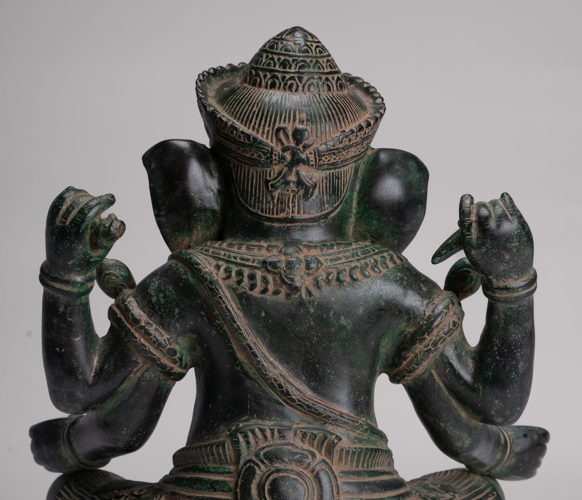 Ganesh Statue - Antique Khmer Style Seated Bronze Ganesha Statue - 29cm/12"