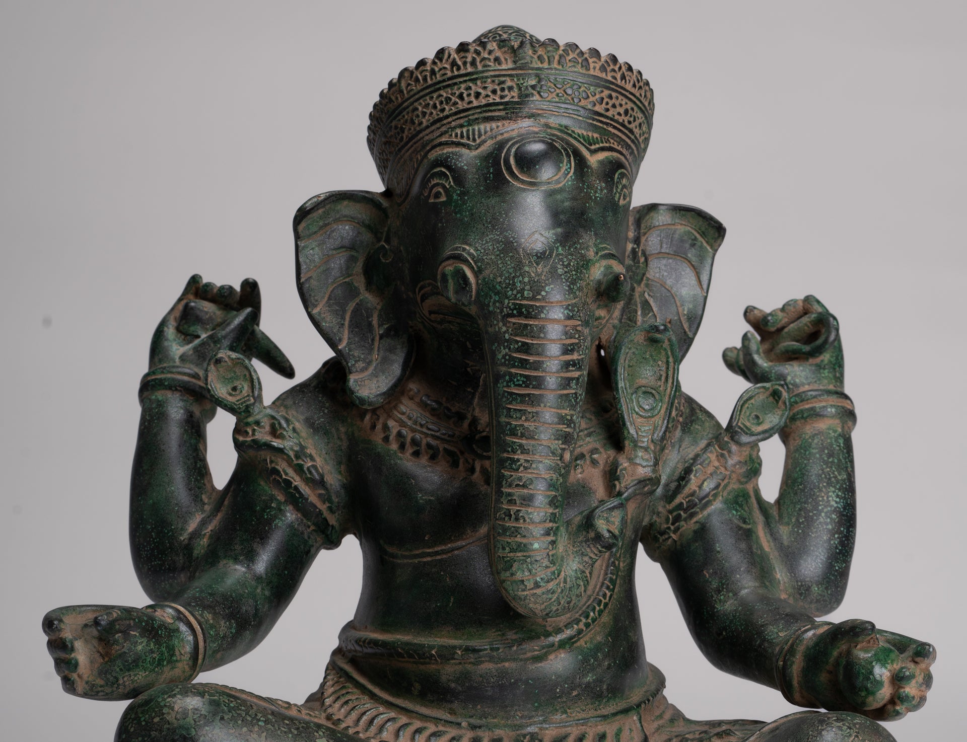 Ganesh Statue - Antique Khmer Style Seated Bronze Ganesha Statue - 29cm/12"