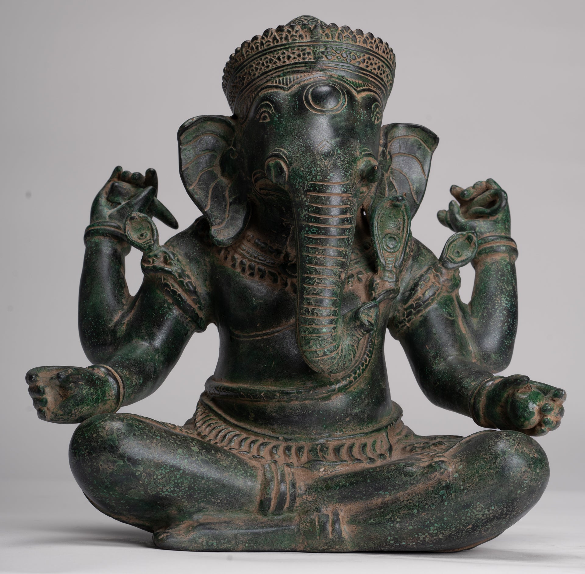 Ganesh Statue - Antique Khmer Style Seated Bronze Ganesha Statue - 29cm/12"