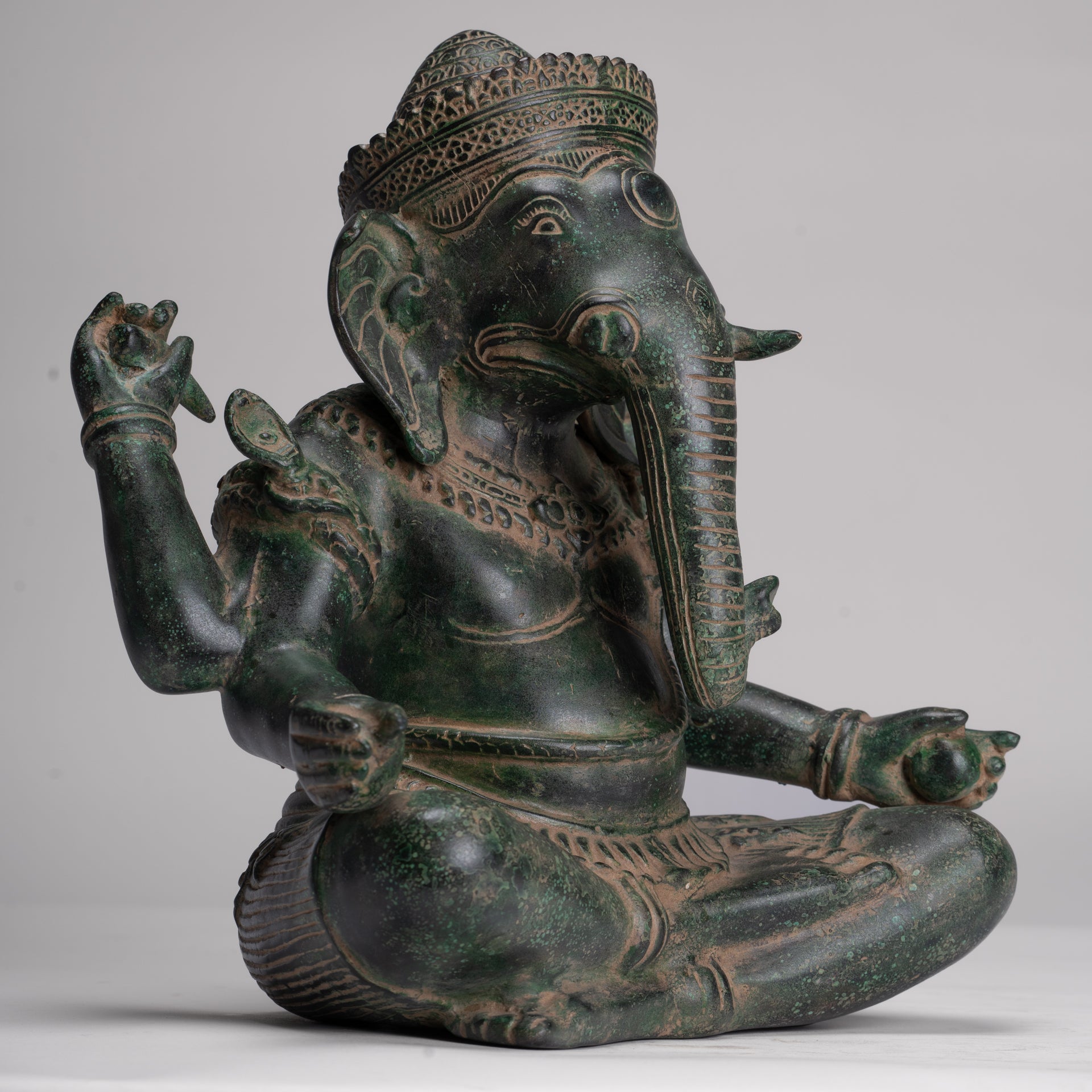 Ganesh Statue - Antique Khmer Style Seated Bronze Ganesha Statue - 29cm/12"
