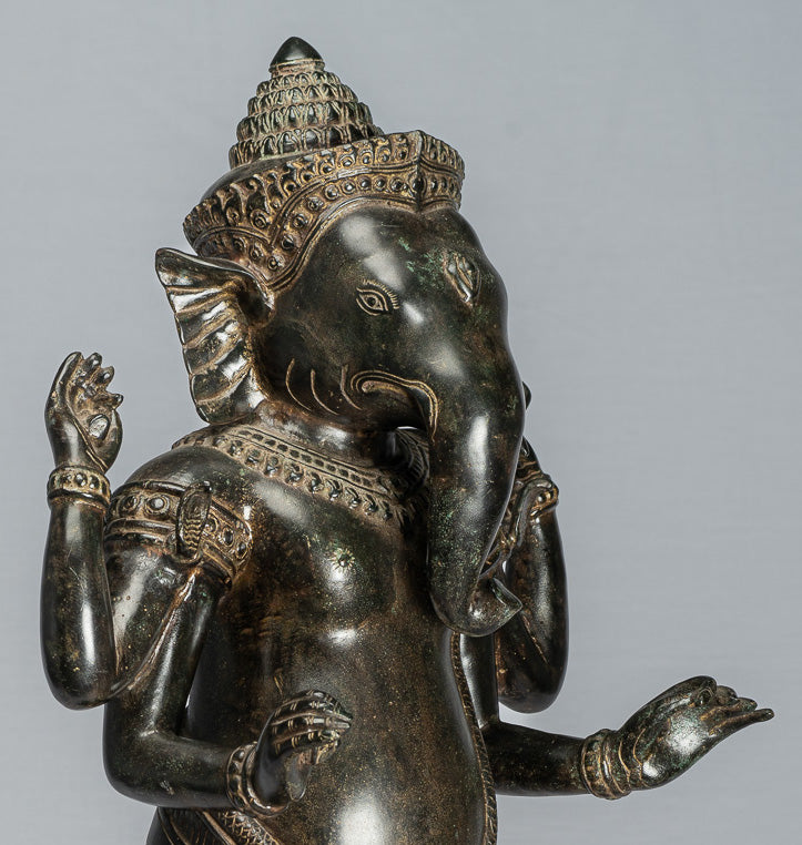 Ganesha Statue - Antique Khmer Style Standing Bronze Angkor Wat Ganesha Statue and Yoni - 88cm/35"