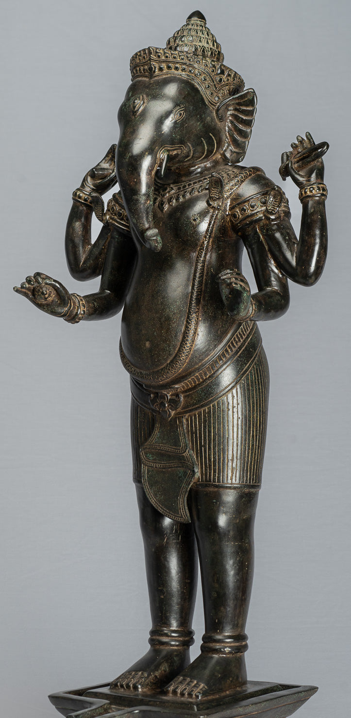 Ganesha Statue - Antique Khmer Style Standing Bronze Angkor Wat Ganesha Statue and Yoni - 88cm/35"