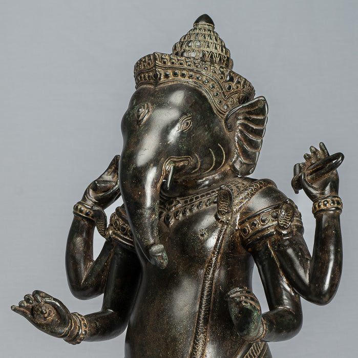 Ganesha Statue - Antique Khmer Style Standing Bronze Angkor Wat Ganesha Statue and Yoni - 88cm/35"