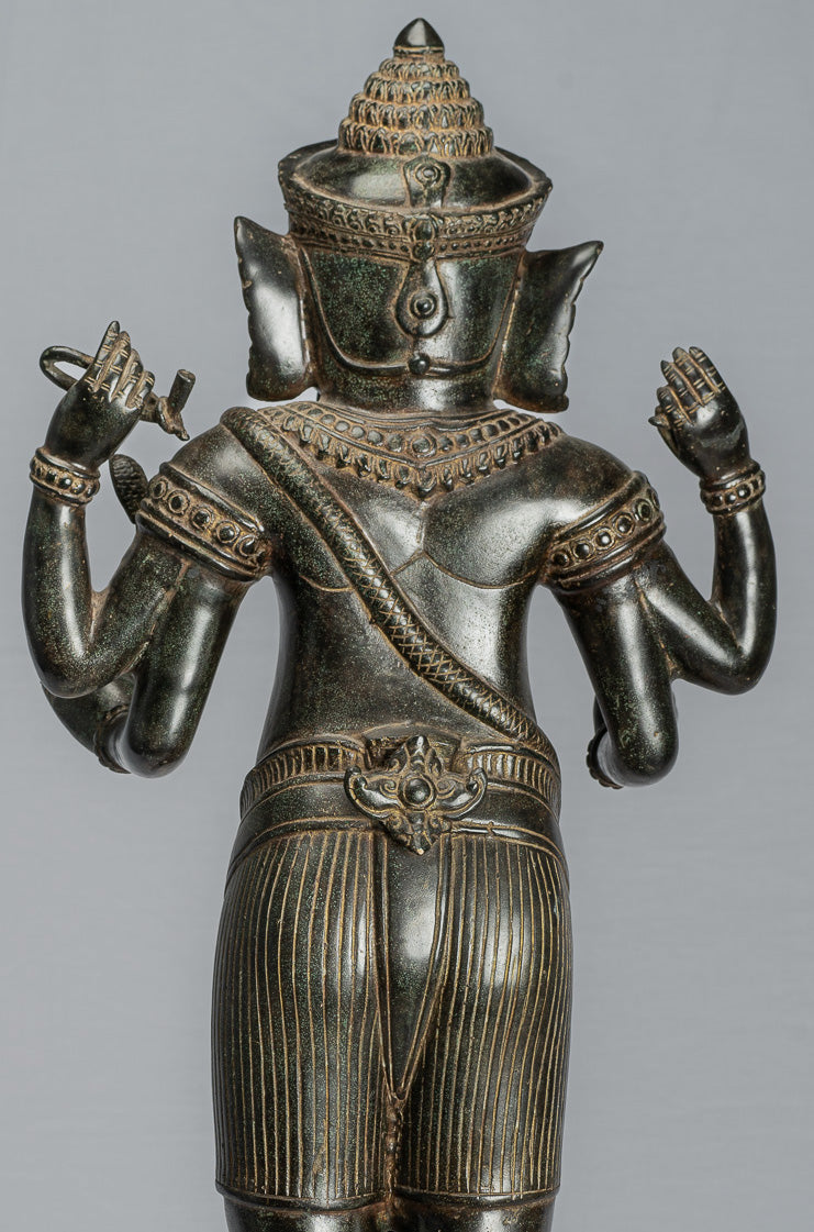 Ganesha Statue - Antique Khmer Style Standing Bronze Angkor Wat Ganesha Statue and Yoni - 88cm/35"