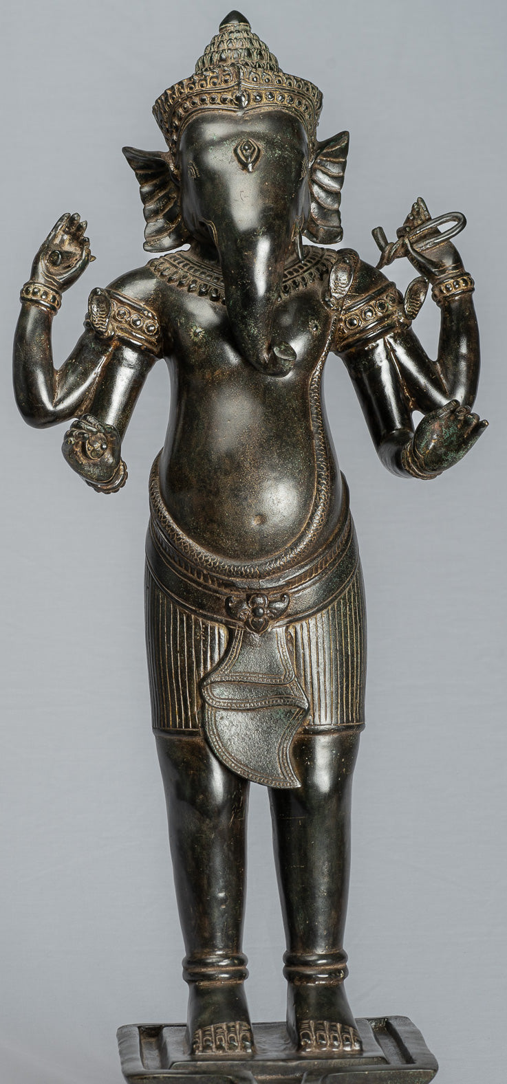 Ganesha Statue - Antique Khmer Style Standing Bronze Angkor Wat Ganesha Statue and Yoni - 88cm/35"