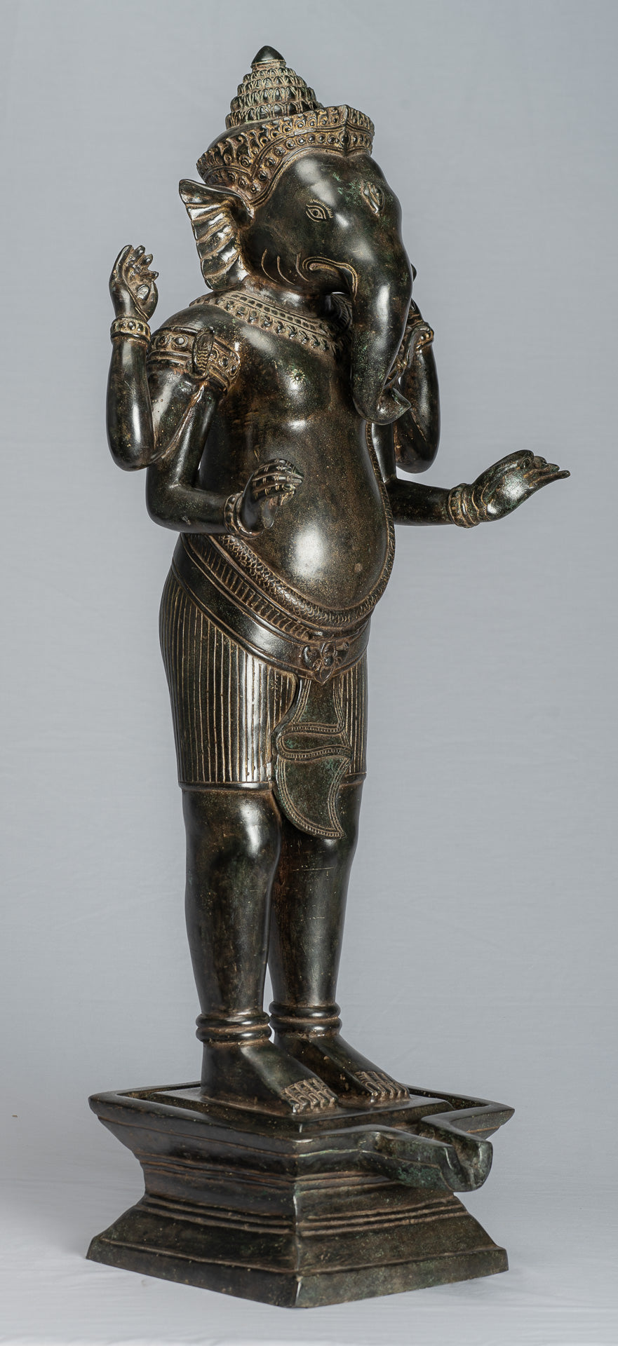 Ganesha Statue - Antique Khmer Style Standing Bronze Angkor Wat Ganesha Statue and Yoni - 88cm/35"