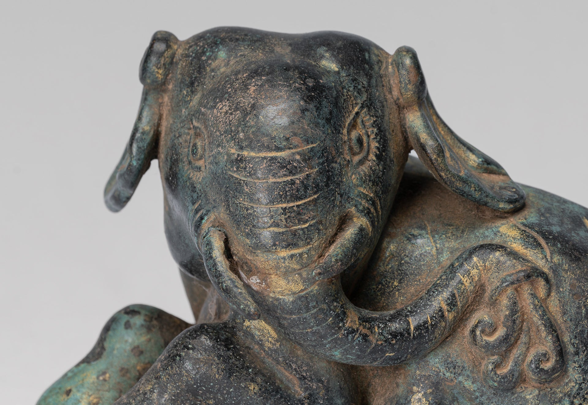 Antique Khmer Style Laying Down Bronze Elephant Statue - 12cm/5" Tall