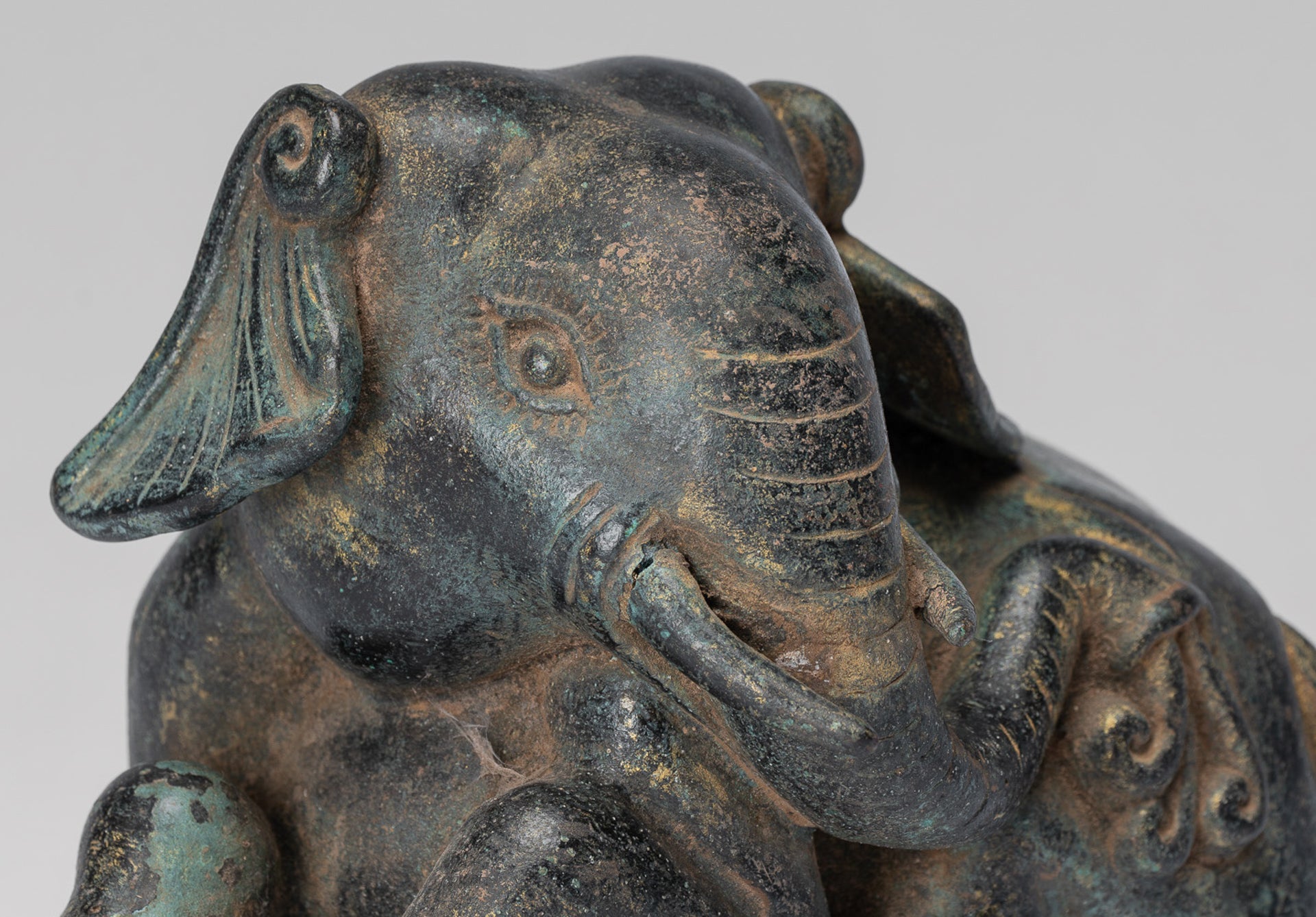 Antique Khmer Style Laying Down Bronze Elephant Statue - 12cm/5" Tall
