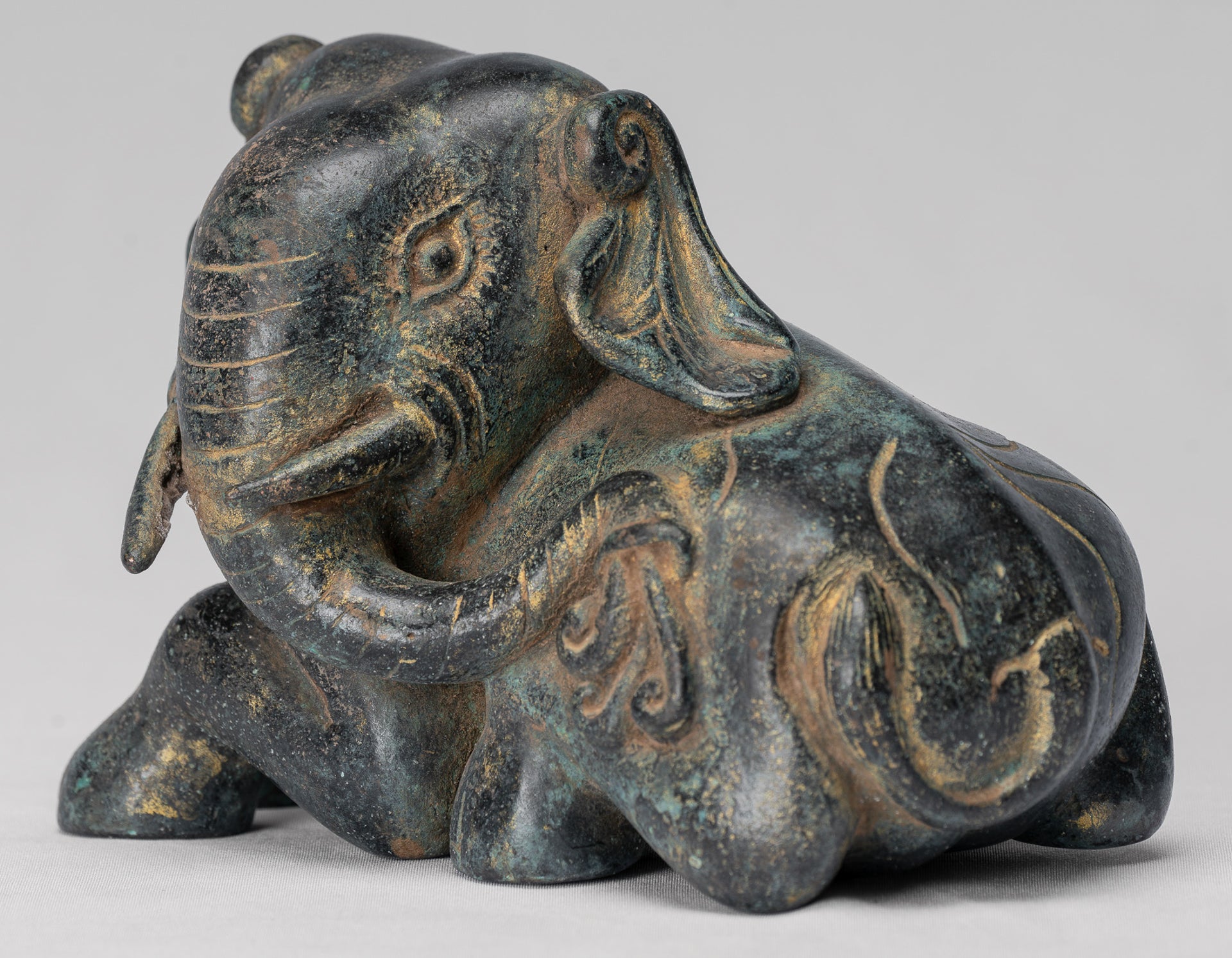 Antique Khmer Style Laying Down Bronze Elephant Statue - 12cm/5" Tall