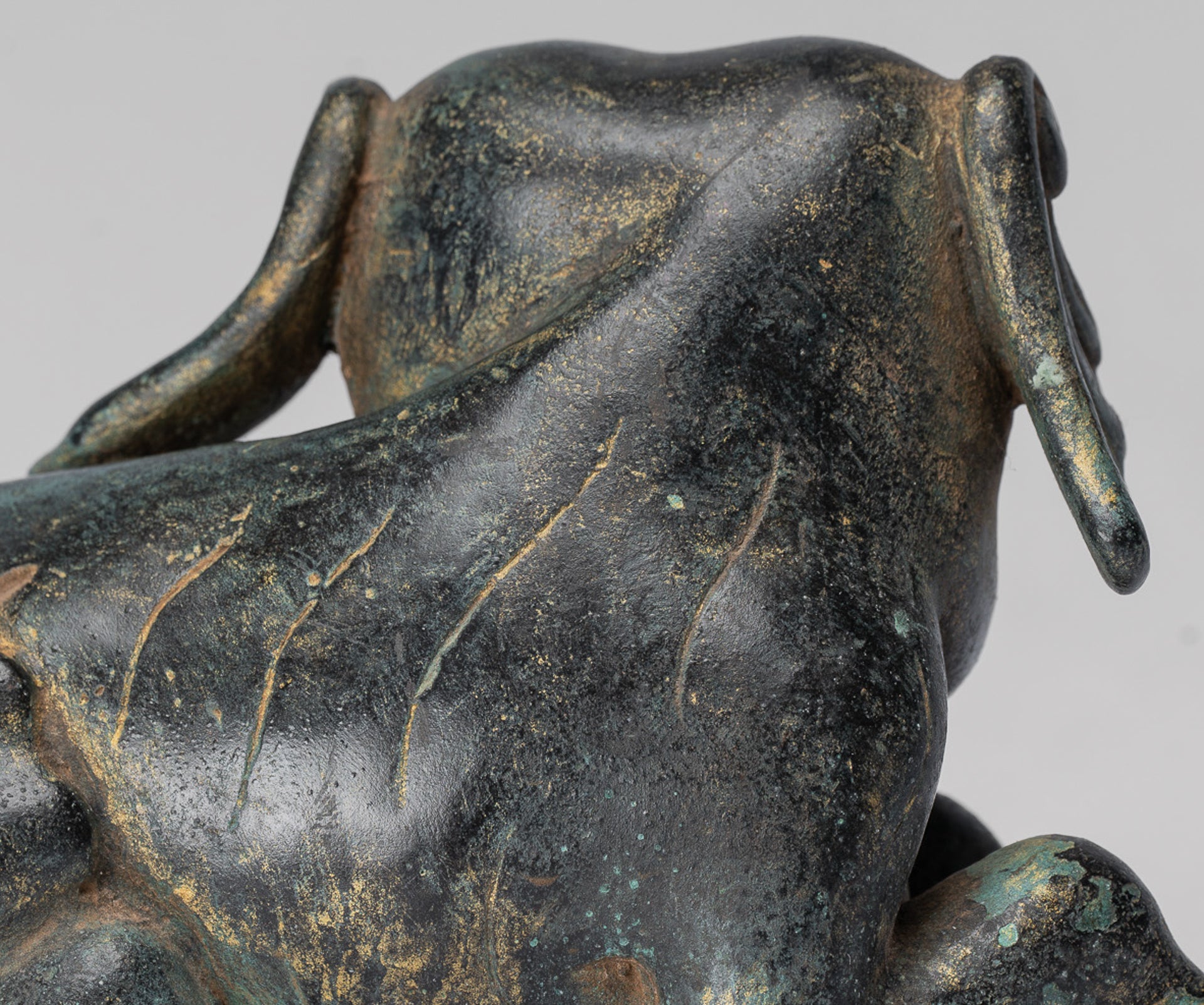 Antique Khmer Style Laying Down Bronze Elephant Statue - 12cm/5" Tall