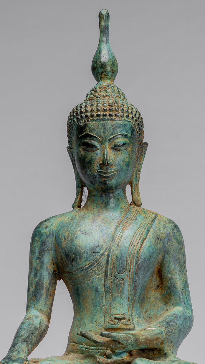 Estatua de Buda - Estilo indonesio antiguo de bronce sentado Javanés Buda con discípulos: 32 cm/13 "