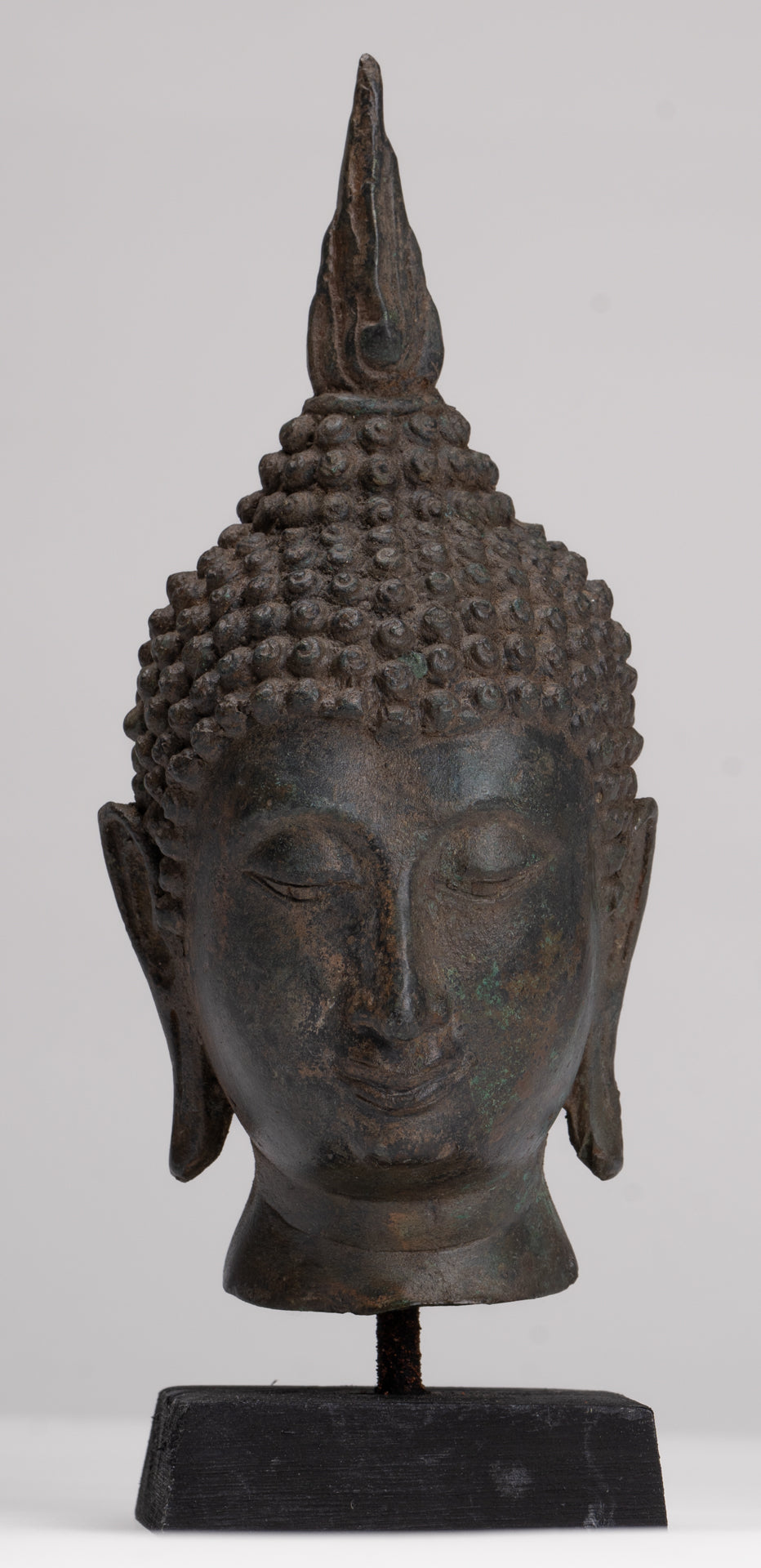 Buddha Head - Antique Thai Style Sukhothai Mounted Bronze Buddha Head - 22cm/9"