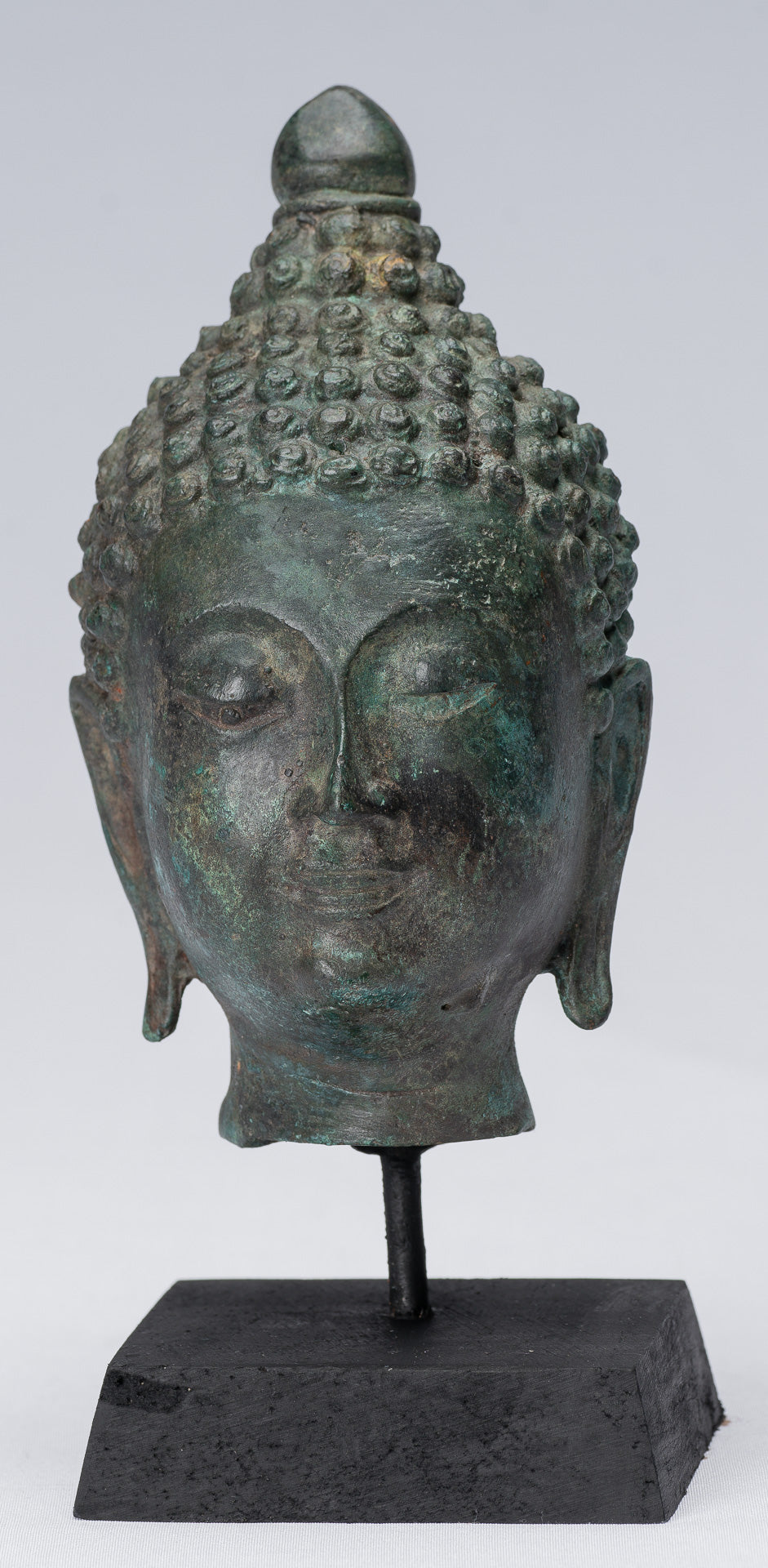 Buddha Head - Antique Thai Style Chiang Saen Mounted Bronze Buddha Head - 18cm/7"