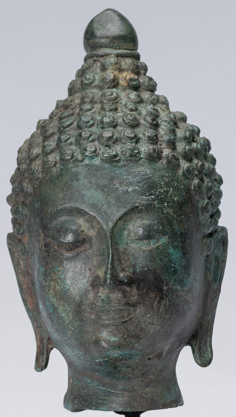 Buddha Head - Antique Thai Style Chiang Saen Mounted Bronze Buddha Head - 18cm/7"