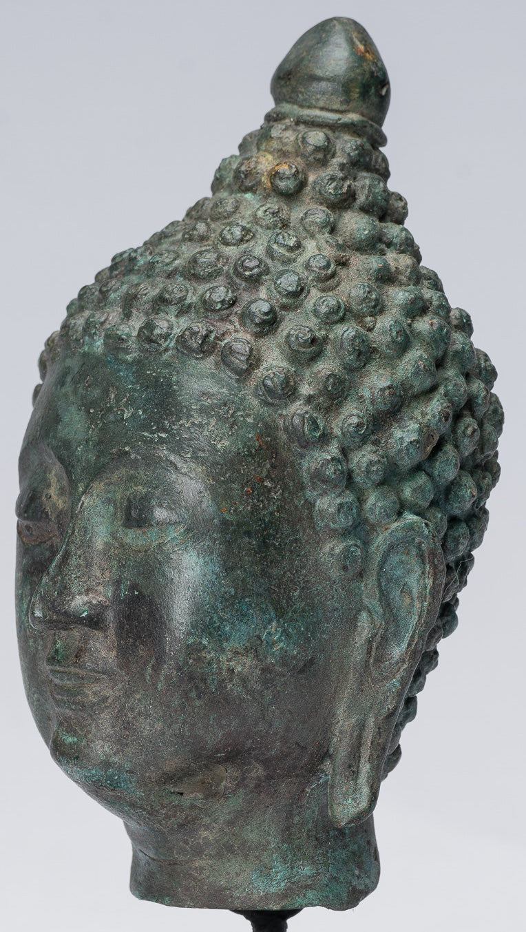 Buddha Head - Antique Thai Style Chiang Saen Mounted Bronze Buddha Head - 18cm/7"