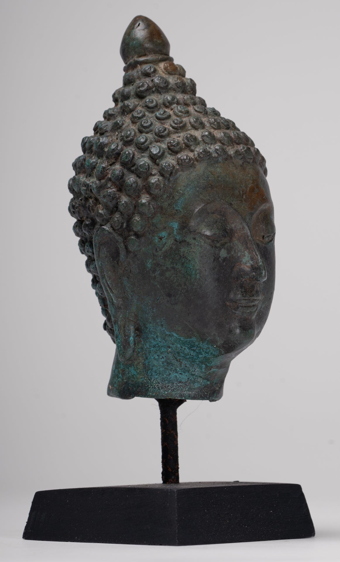 Buddha Head - Antique Thai Style Chiang Saen Mounted Bronze Buddha Head - 19cm/8"
