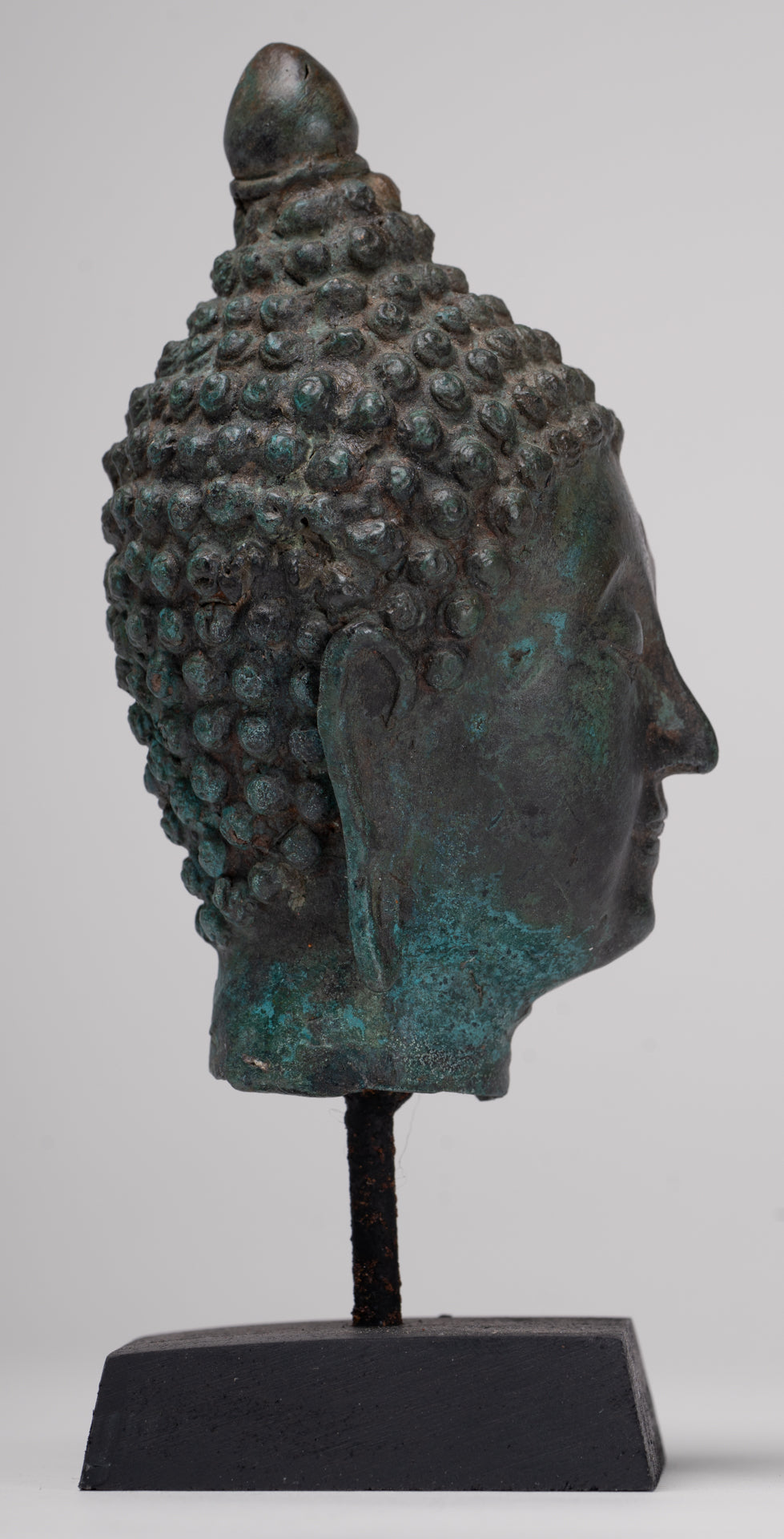 Buddha Head - Antique Thai Style Chiang Saen Mounted Bronze Buddha Head - 19cm/8"