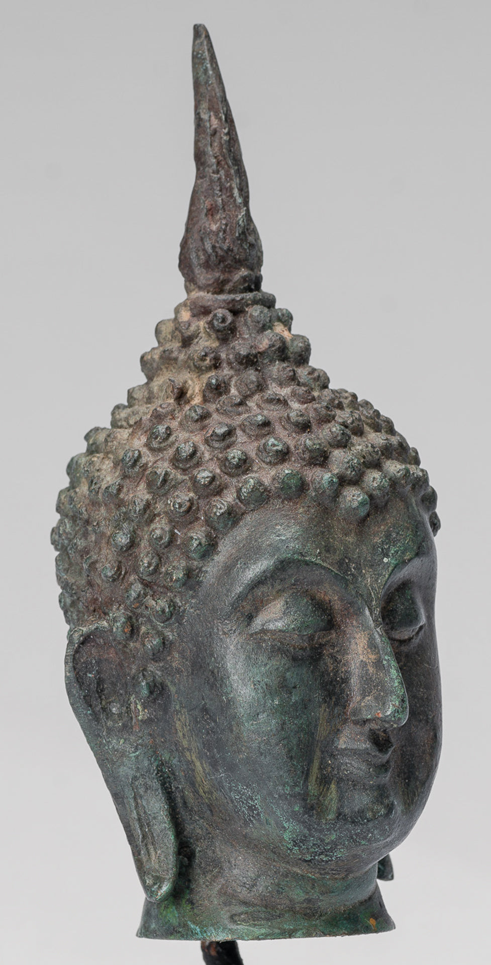 Buddha Head - Antique Thai Style Sukhothai Mounted Bronze Buddha Head - 18cm/7"