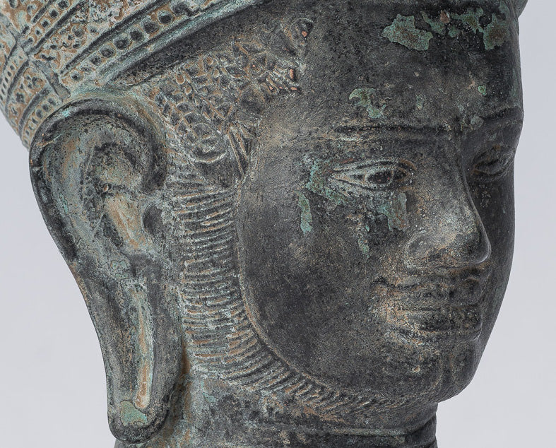 Vishnu Statue-Antique Banteay Srei Style Bronze Montiert Khmer Vishnu Kopf-24cm/10 "