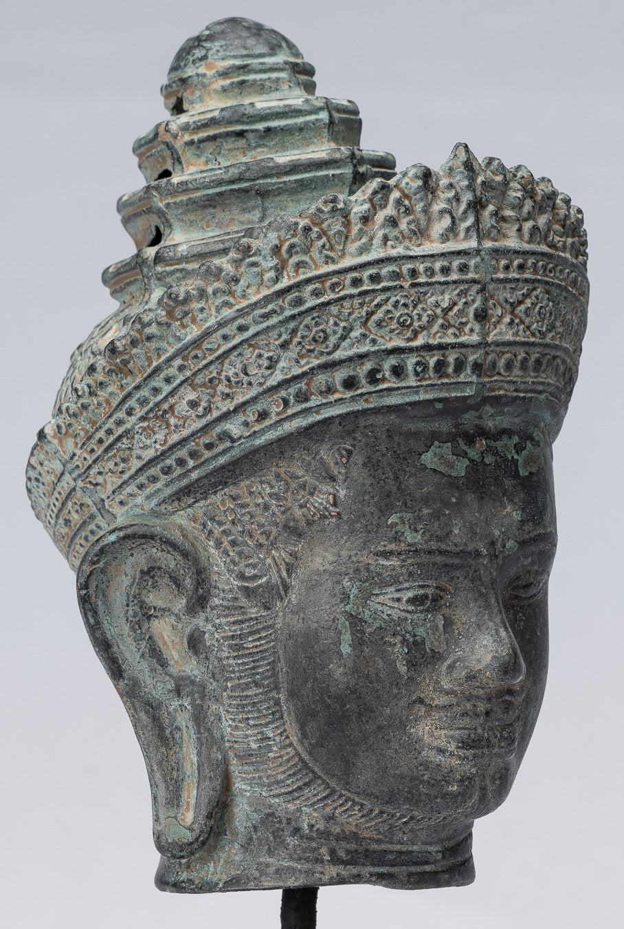 Vishnu Statue-Antique Banteay Srei Style Bronze Montiert Khmer Vishnu Kopf-24cm/10 "