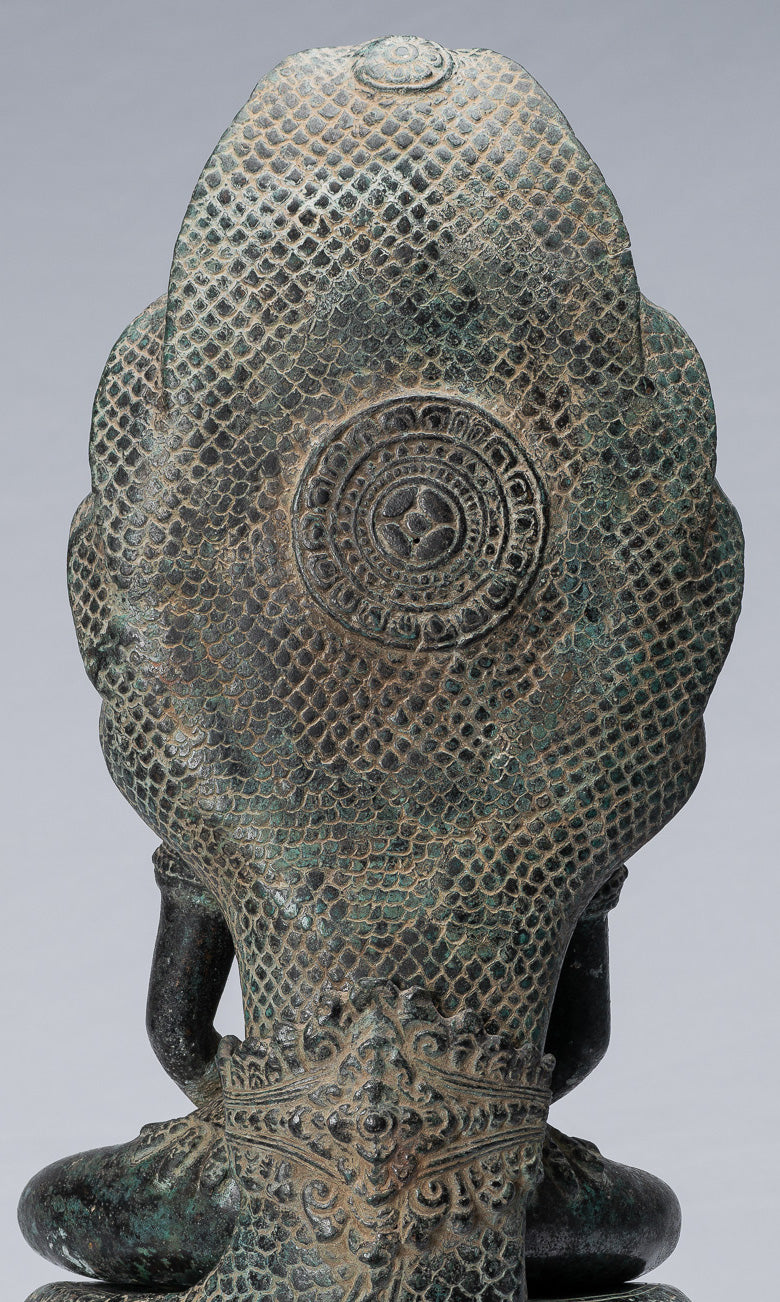 Buddha Statue - Antique Bayon Style Khmer Seated Bronze Naga Meditation Buddha - 57cm/23"