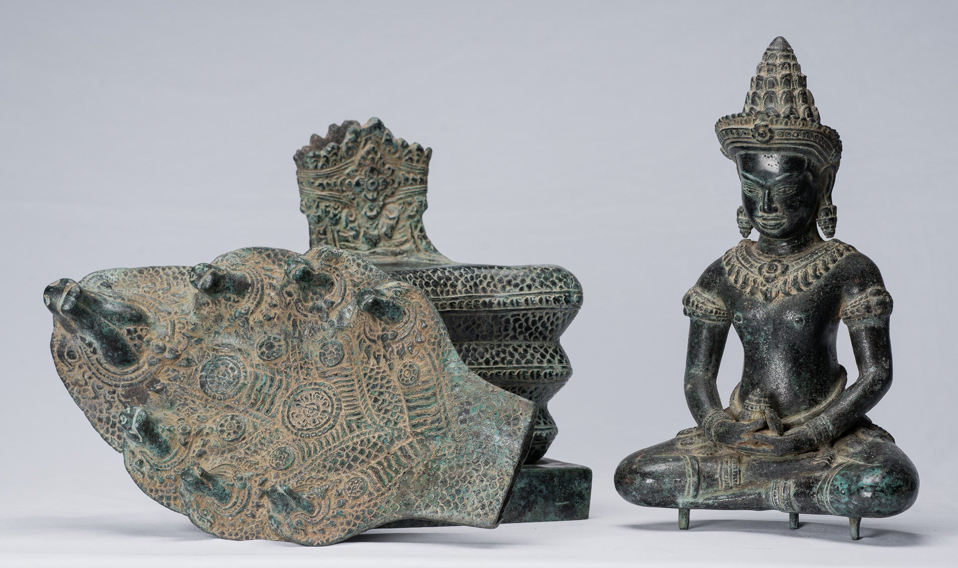 Buddha Statue - Antique Bayon Style Khmer Seated Bronze Naga Meditation Buddha - 57cm/23"