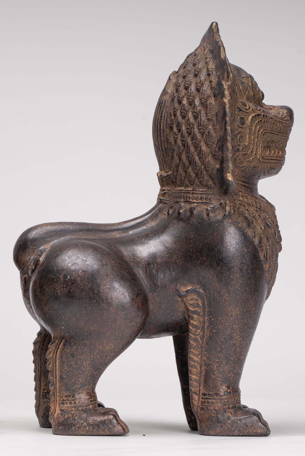 Temple Lions - Antique Khmer Style Bronze Standing Temple Guardian or Lions (Pair) - 27cm/11"