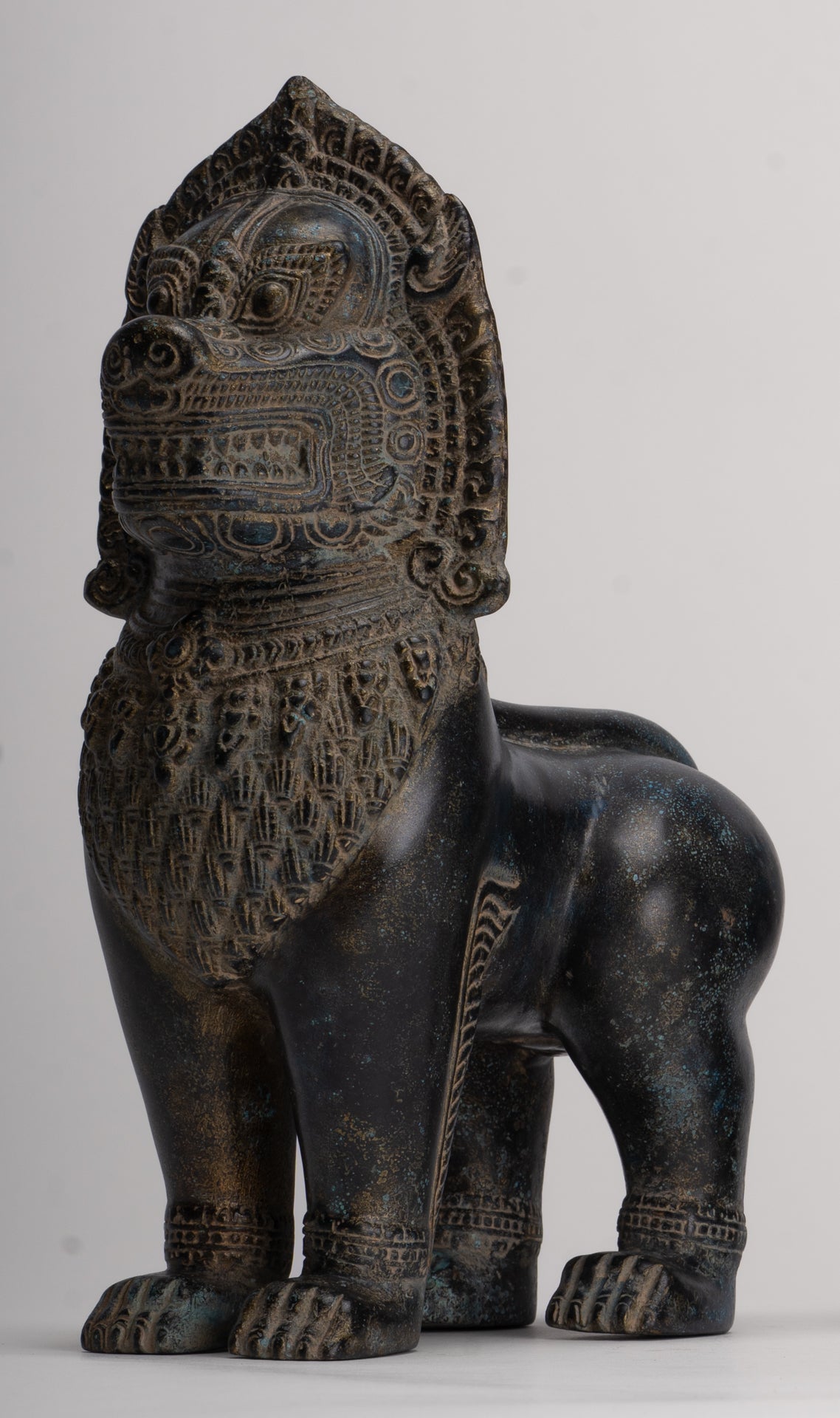 Temple Lions - Antique Khmer Style Bronze Standing Temple Guardian or Lions (Pair) - 27cm/11"