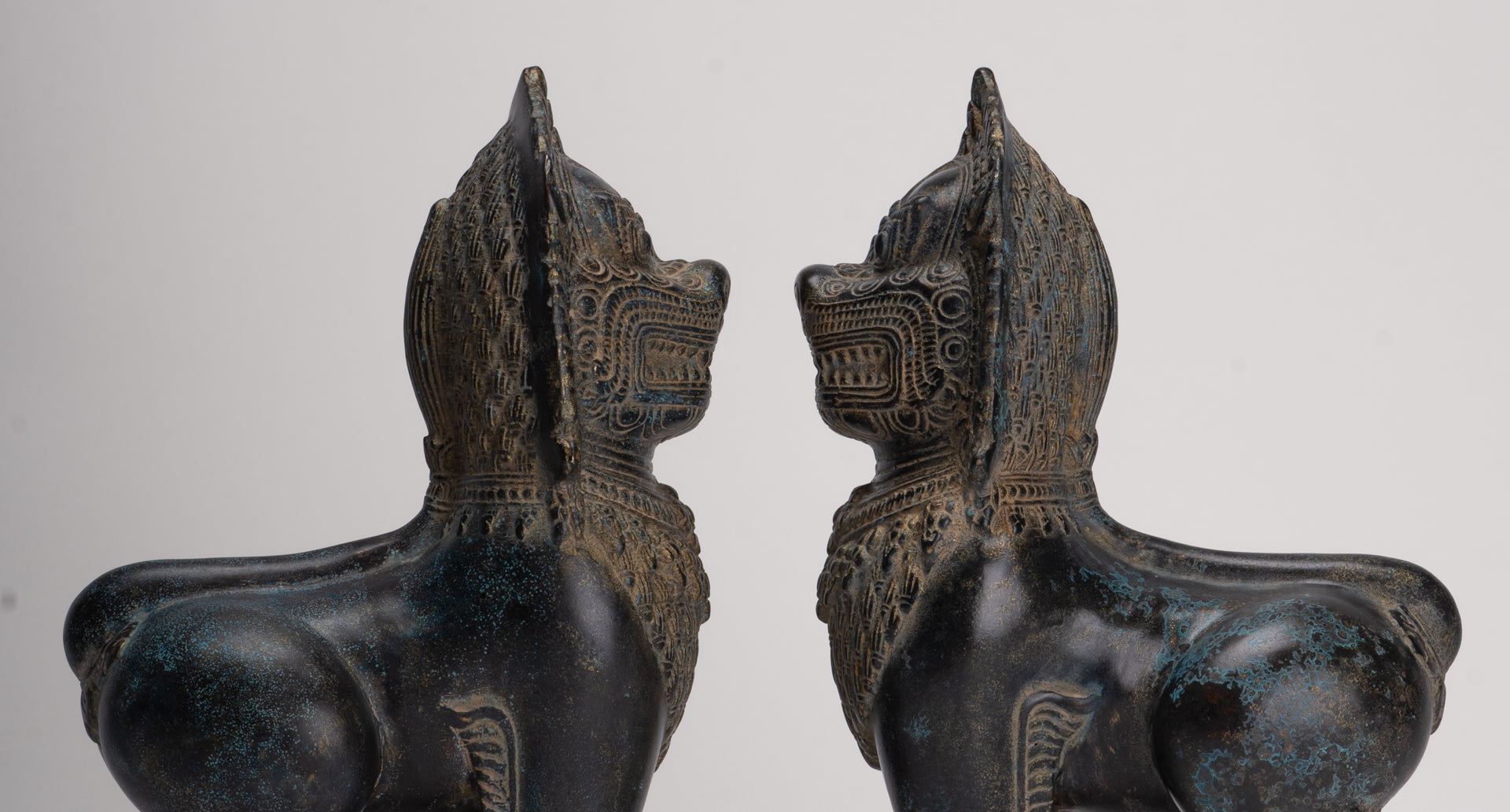Temple Lions - Antique Khmer Style Bronze Standing Temple Guardian or Lions (Pair) - 27cm/11"