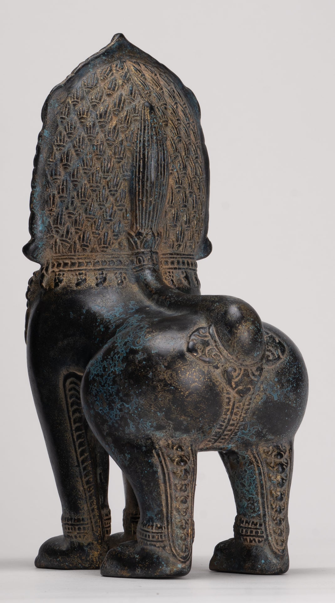 Temple Lions - Antique Khmer Style Bronze Standing Temple Guardian or Lions (Pair) - 27cm/11"