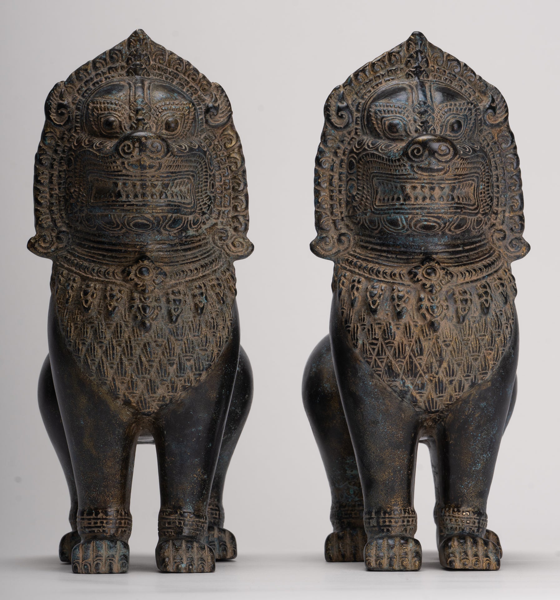 Temple Lions - Antique Khmer Style Bronze Standing Temple Guardian or Lions (Pair) - 27cm/11"