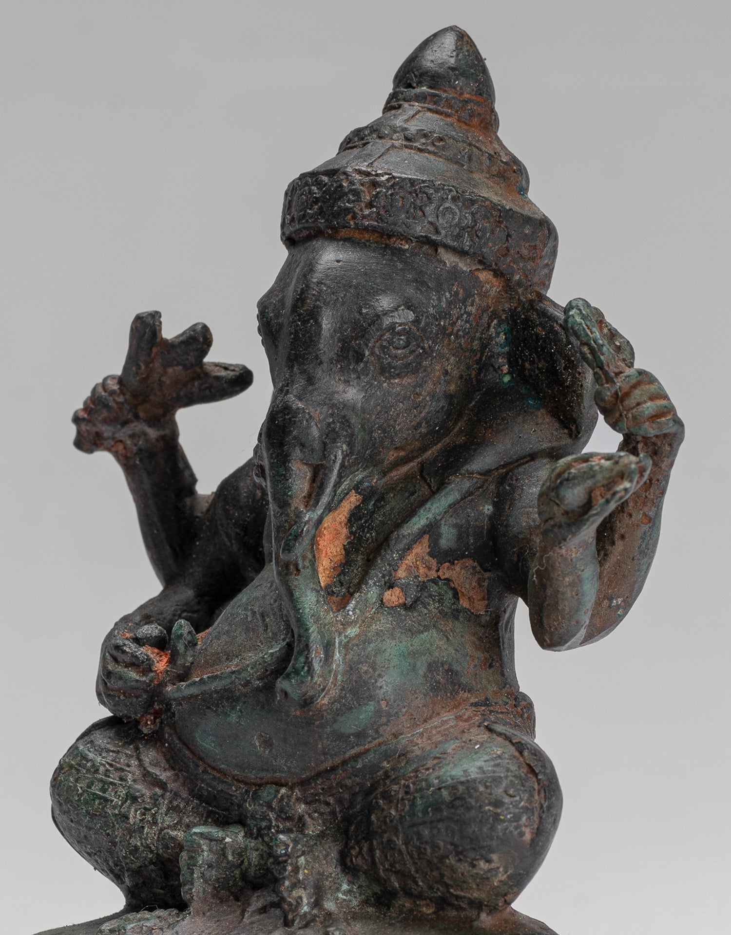 Ganesha Statue - Antique Khmer Style Seated Bronze Bayon Ganesh Statue - 14cm/6"