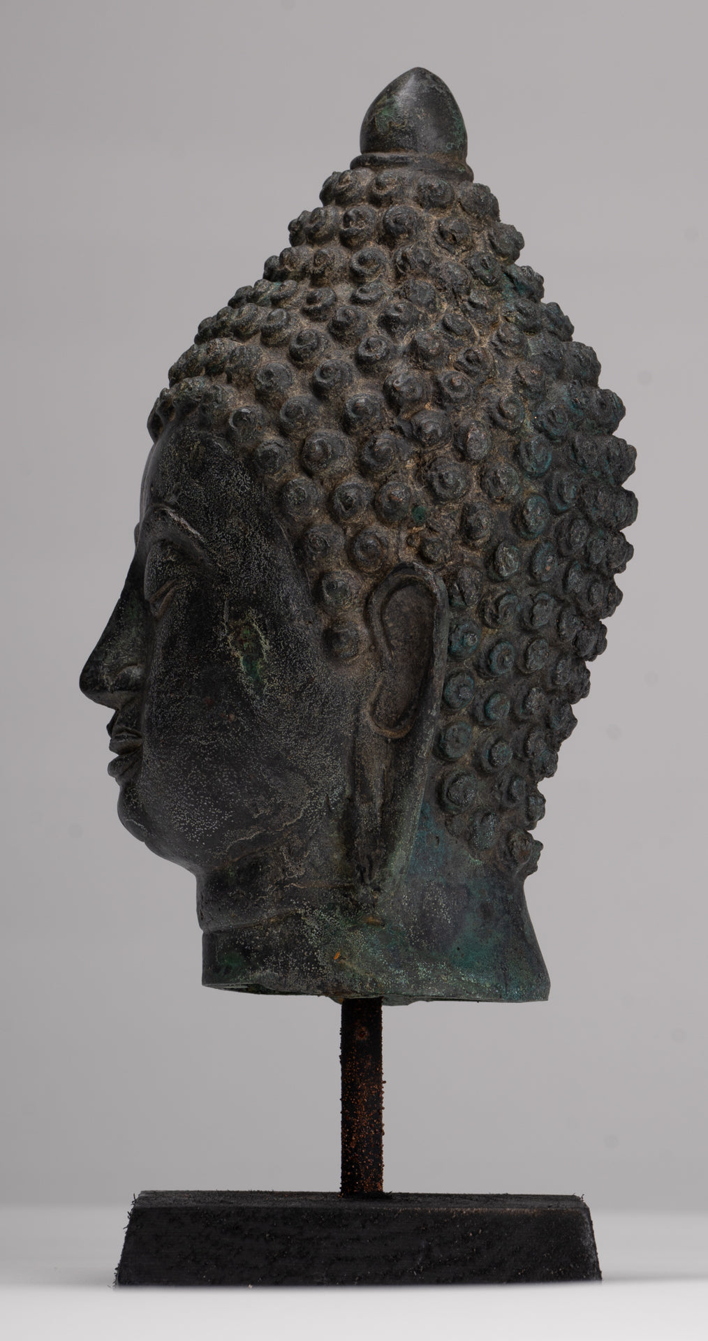 Buddha Head - Antique Thai Style Chiang Saen Mounted Bronze Buddha Head - 24cm/10"