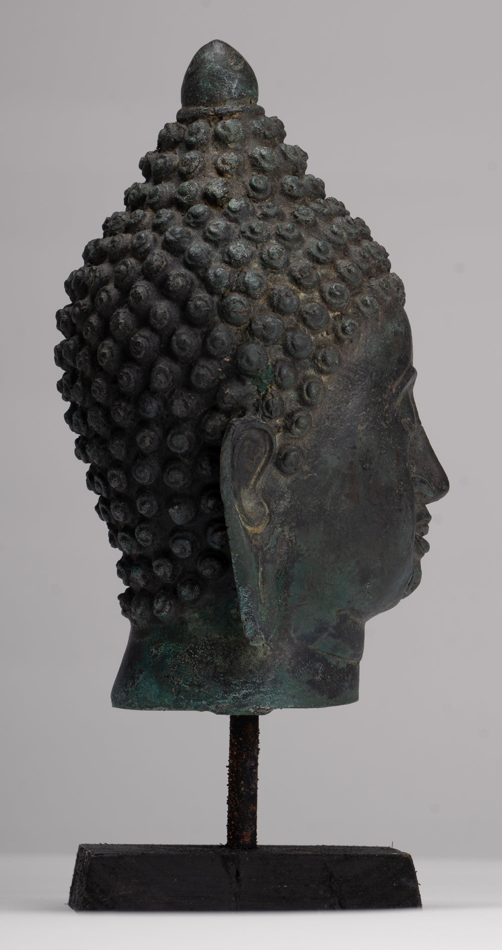 Buddha Head - Antique Thai Style Chiang Saen Mounted Bronze Buddha Head - 24cm/10"