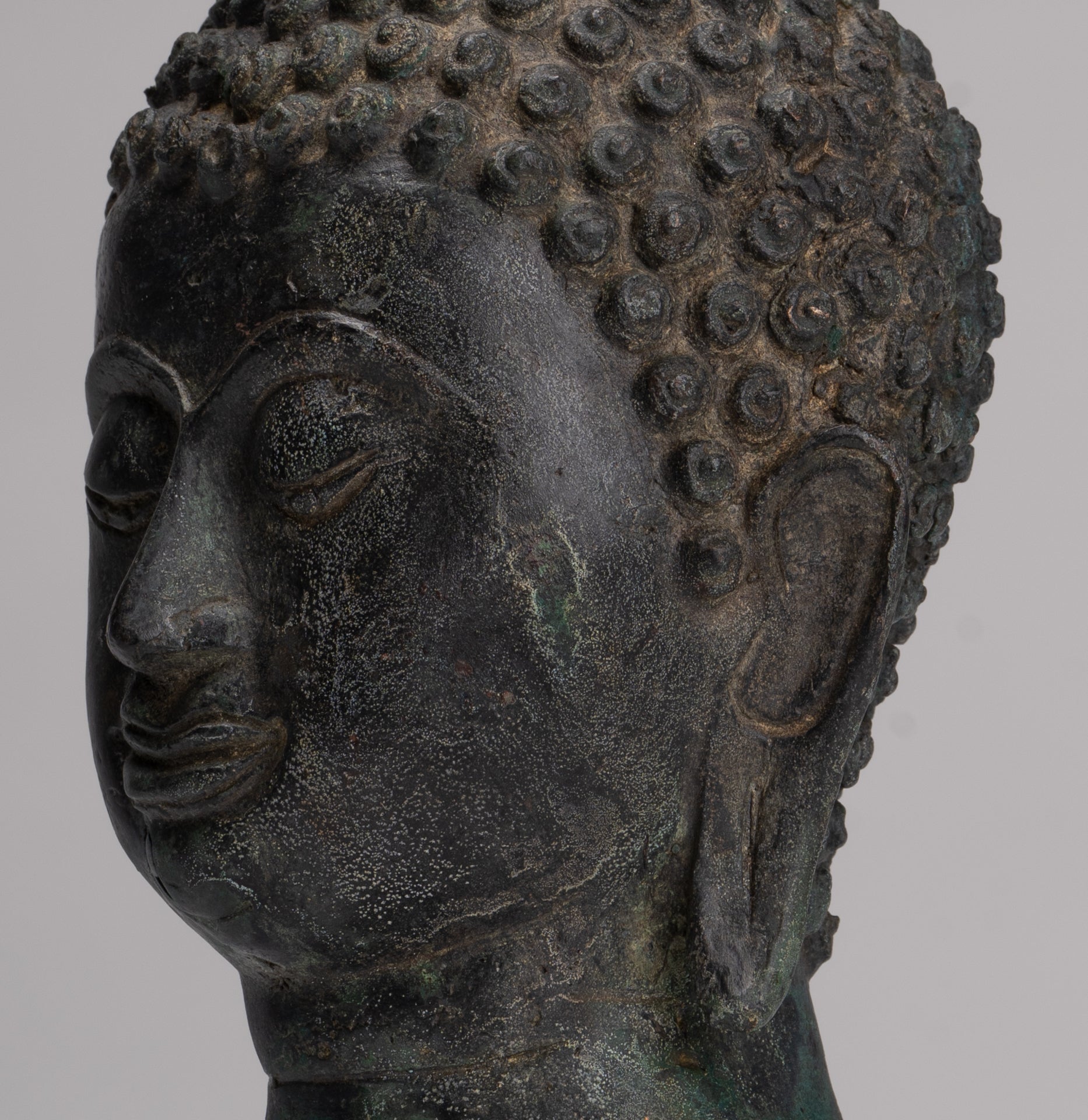 Buddha Head - Antique Thai Style Chiang Saen Mounted Bronze Buddha Head - 24cm/10"