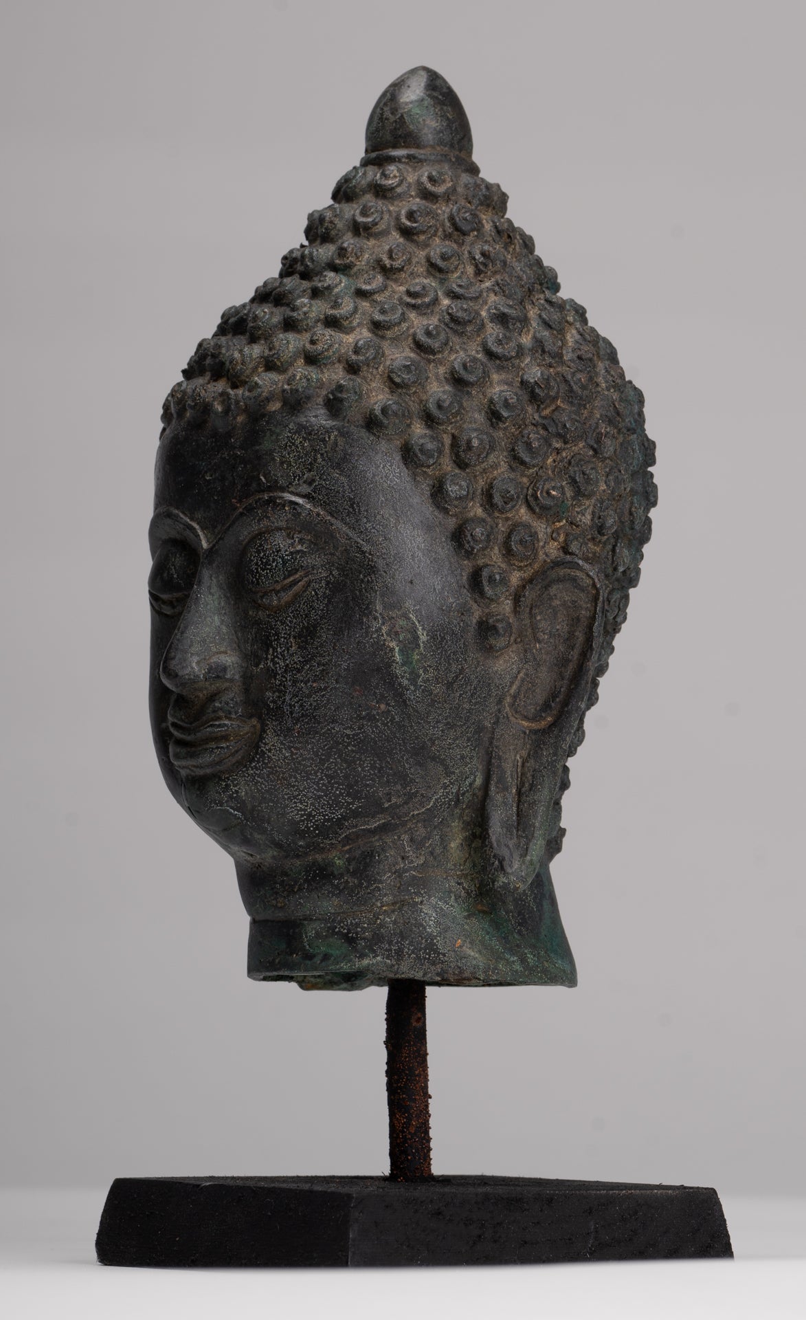 Buddha Head - Antique Thai Style Chiang Saen Mounted Bronze Buddha Head - 24cm/10"