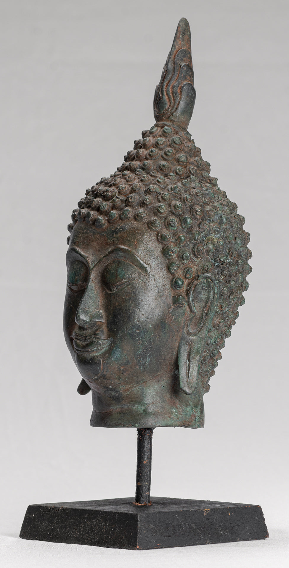 Buddha Head - Antique Thai Style Sukhothai Mounted Bronze Buddha Head - 29cm/12"